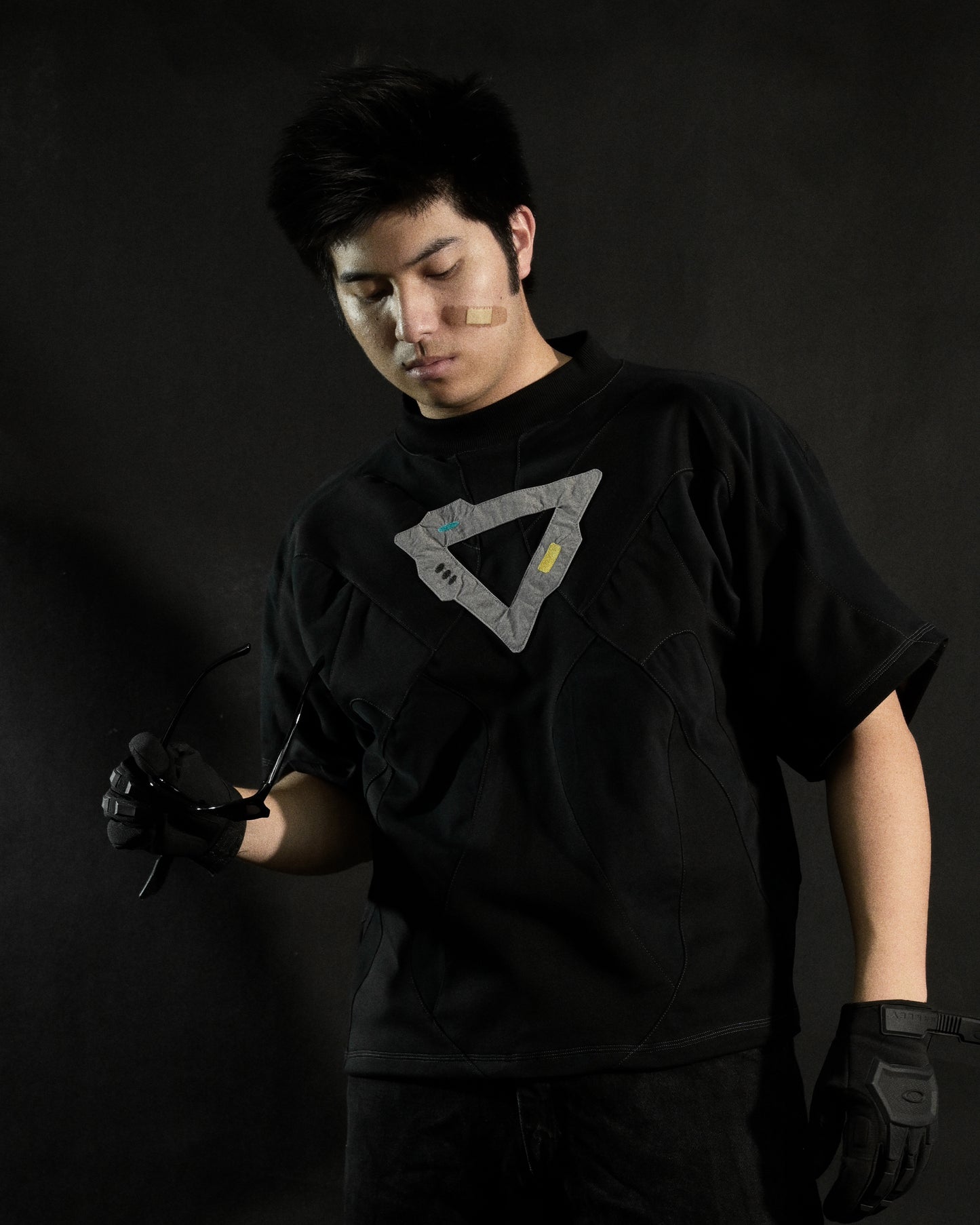 black alien modular archive fashion tee, front model view