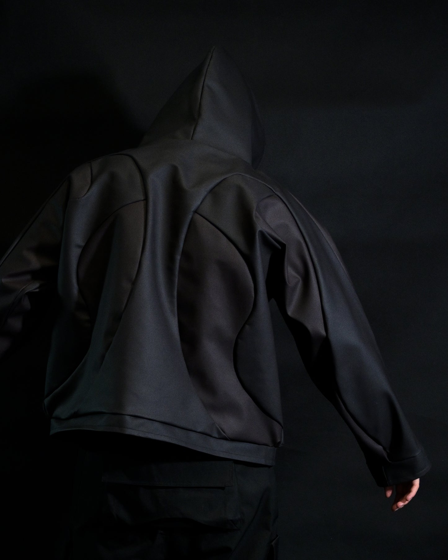 black archive fashion heat reactive leather hoodie, back model view
