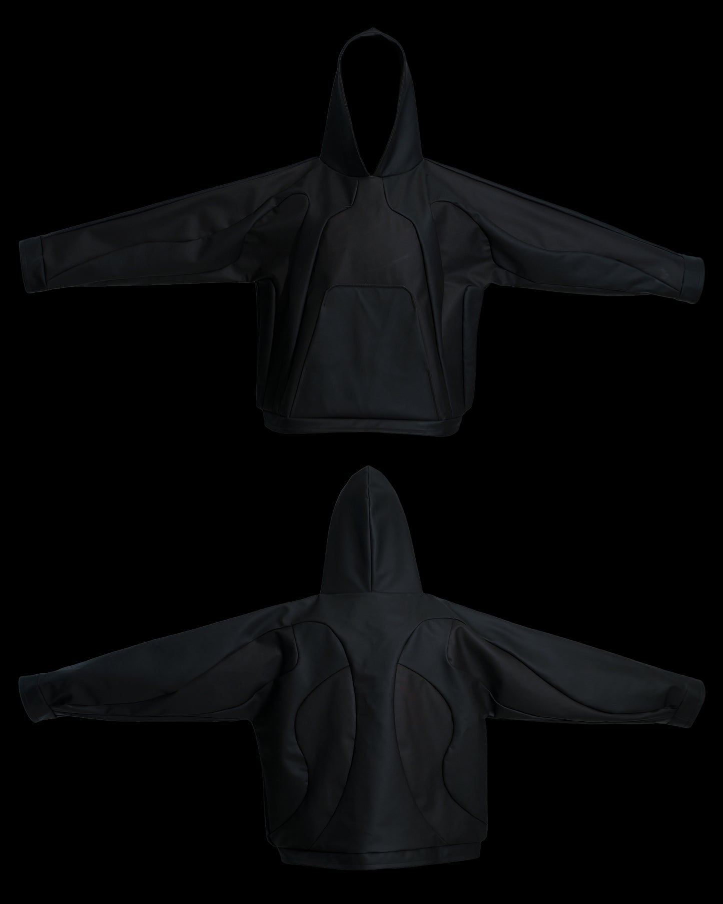 black archive fashion heat reactive leather hoodie, front and back view