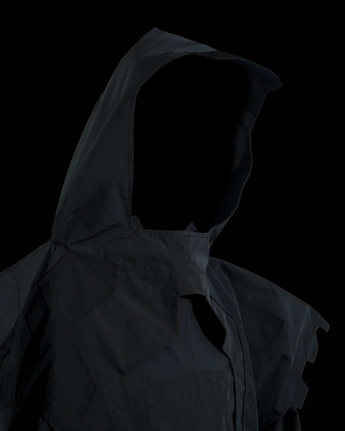 black battle mech robot futuristic jacket, hood view