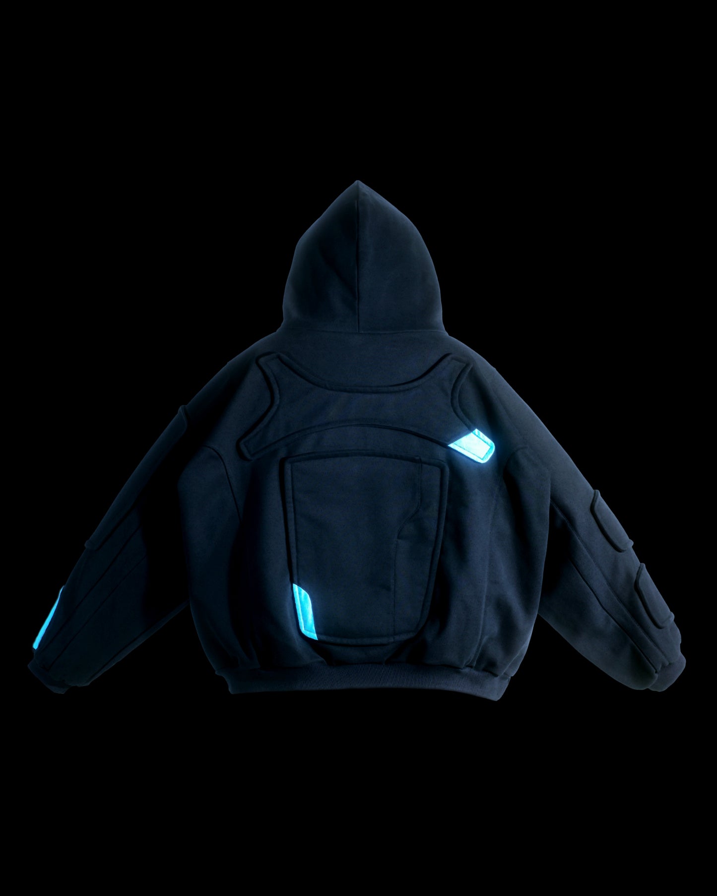 black cryogenic sci-fi hologram hoodie, back view
