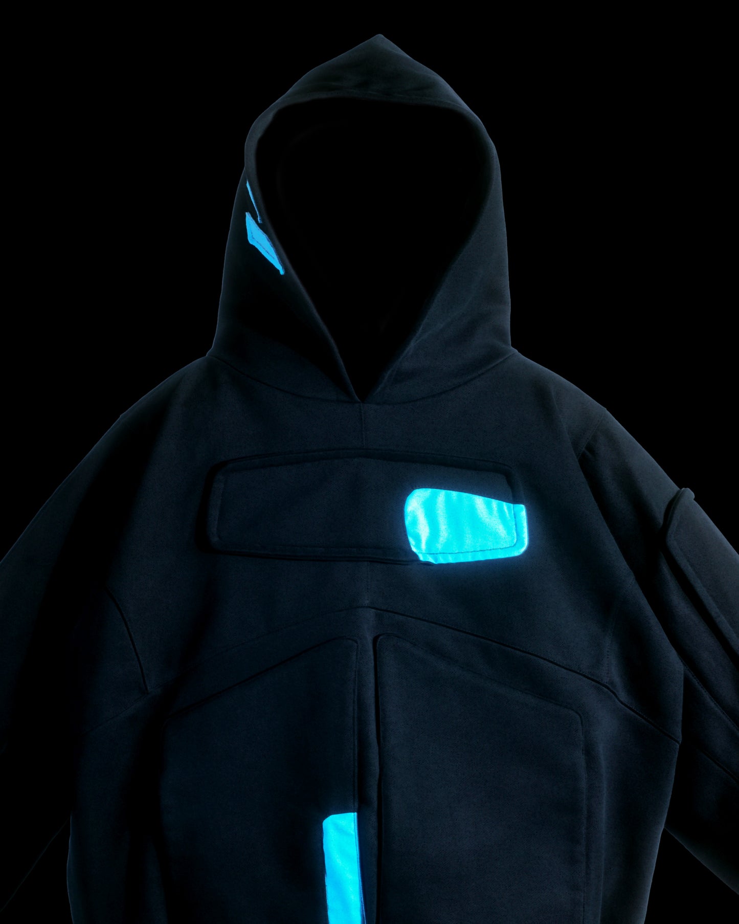 black cryogenic sci-fi hologram hoodie, front close up view