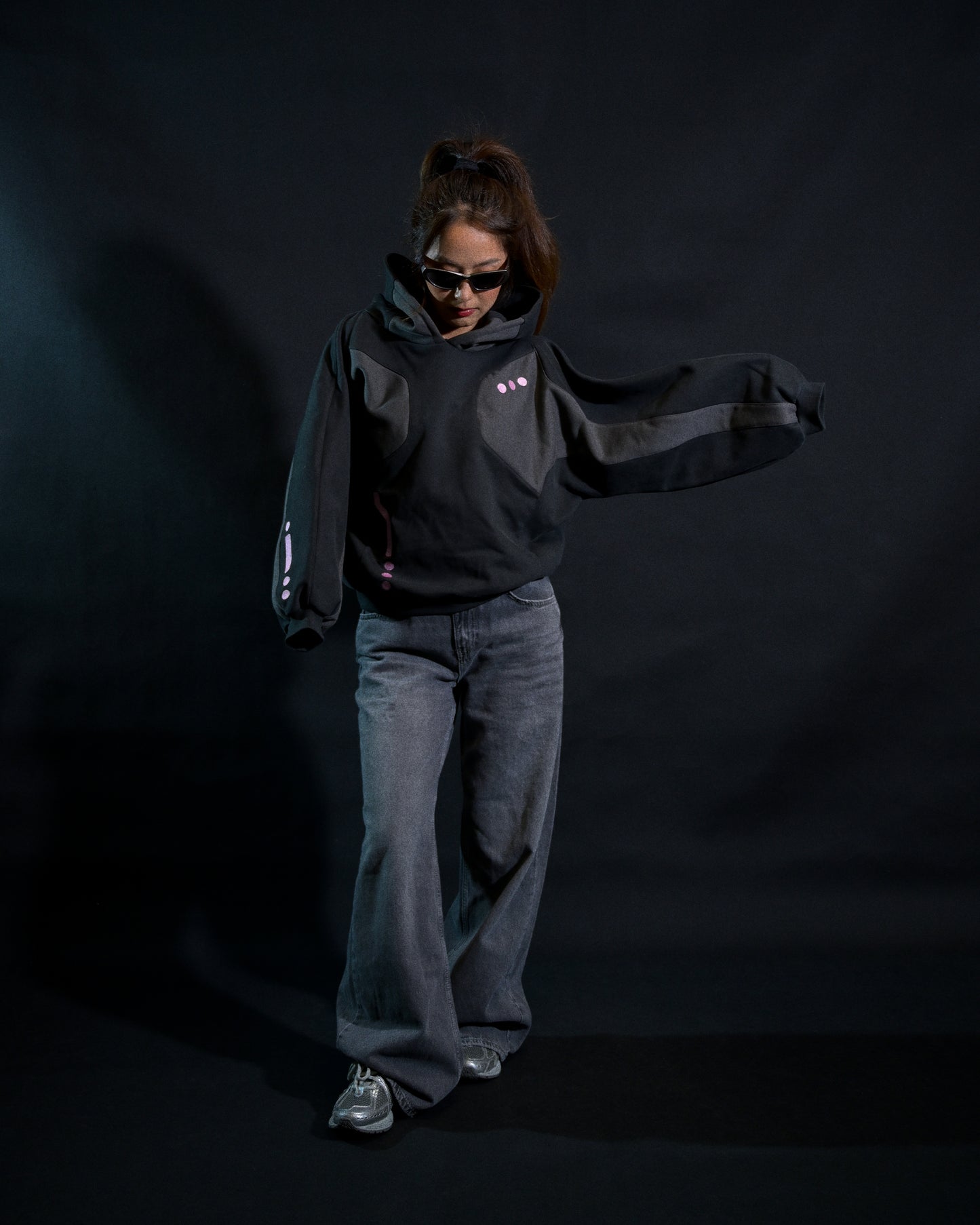 black cybercore archive fashion women's hoodie, front standing model view