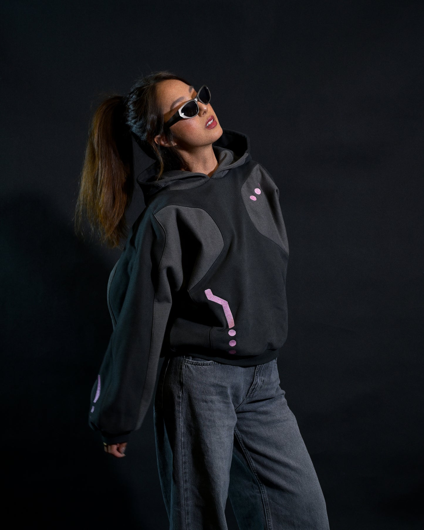 black cybercore archive fashion women's hoodie, front model view
