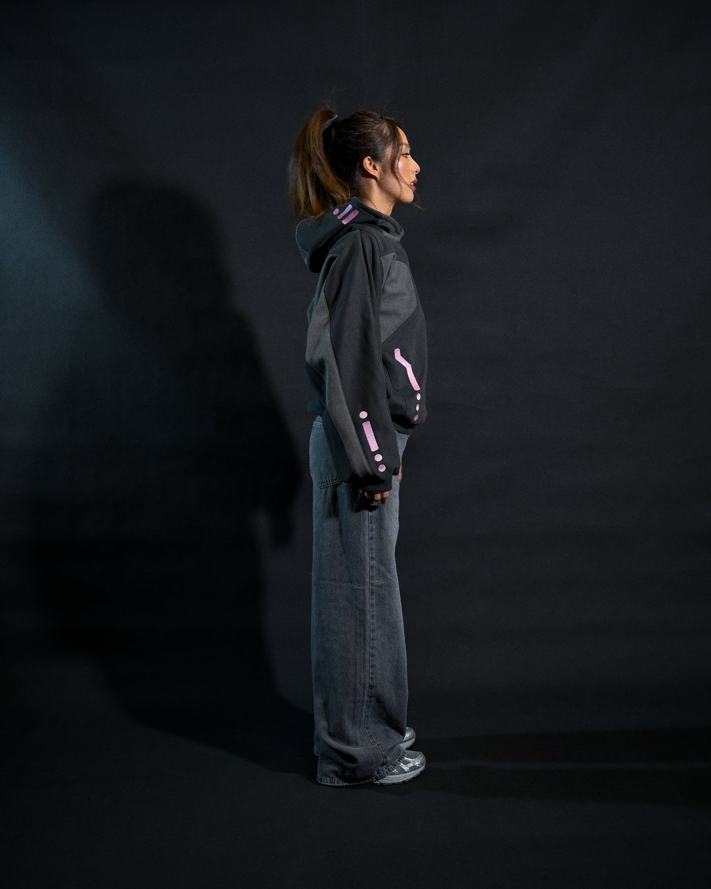 black cybercore archive fashion women's hoodie, side model