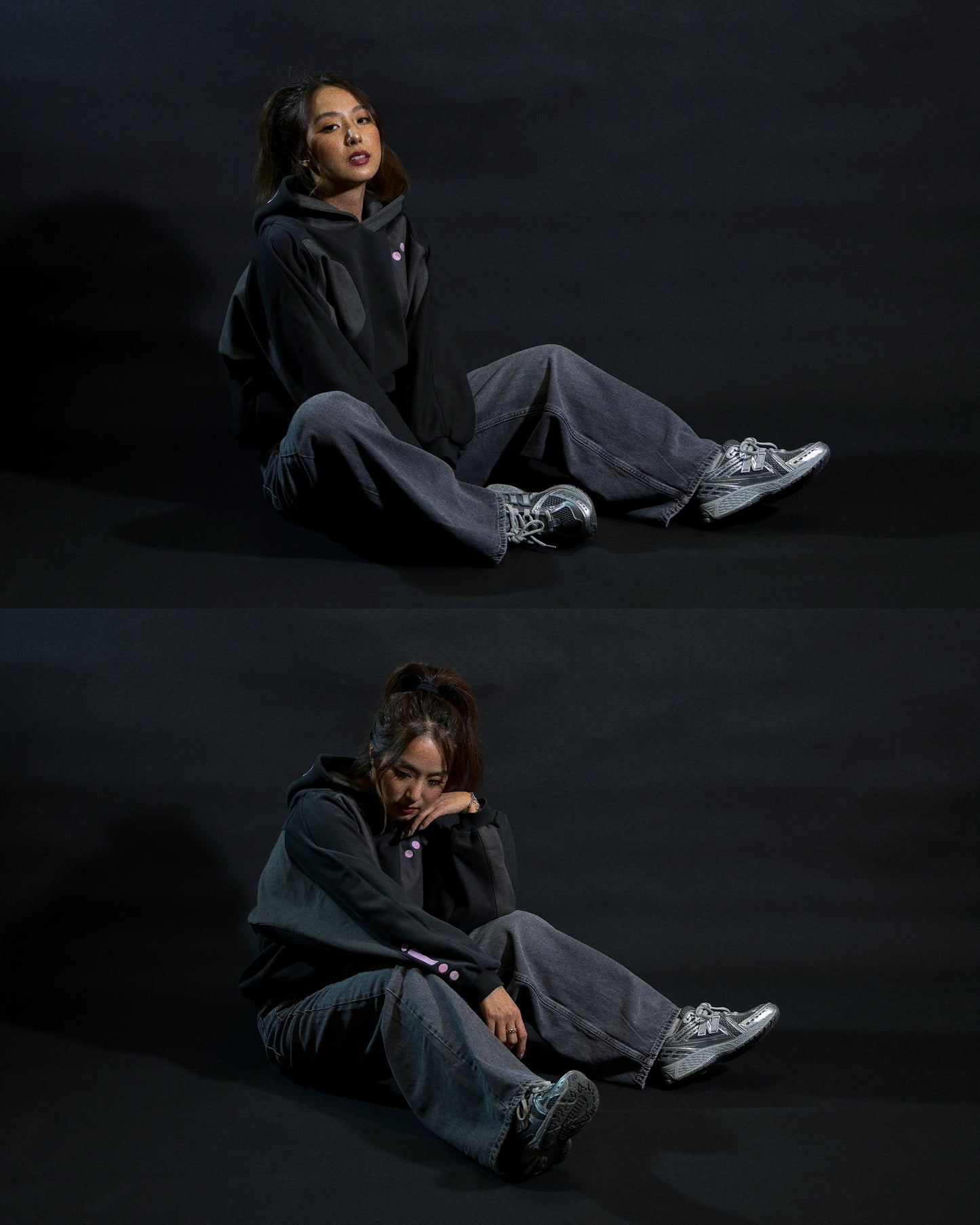 black cybercore archive fashion women's hoodie, sitting model view