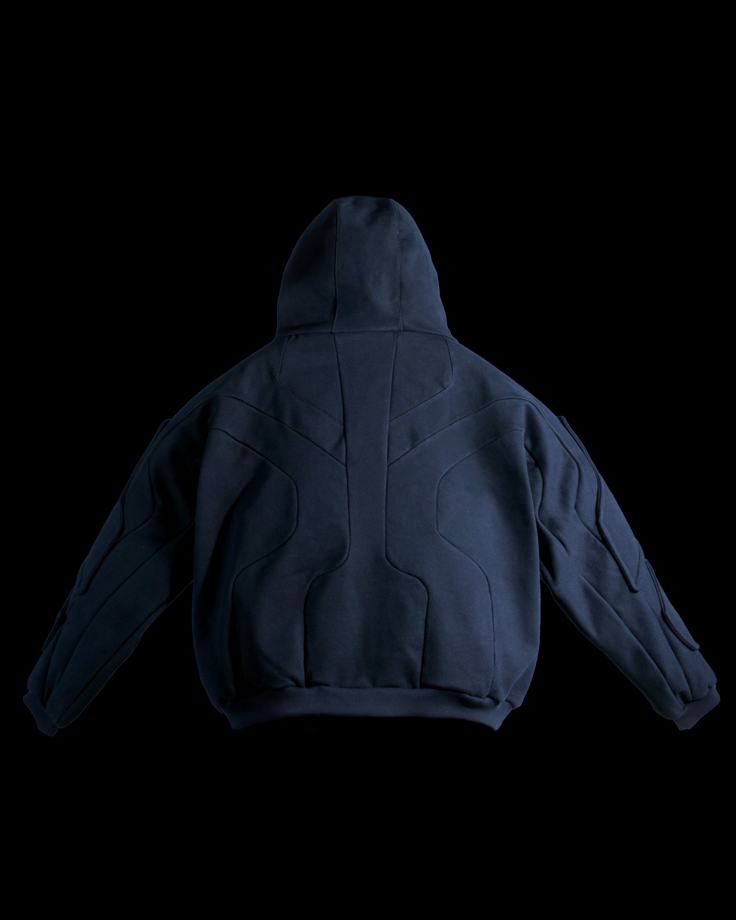 black dark dystopian heavyweight pullover hoodie, back view