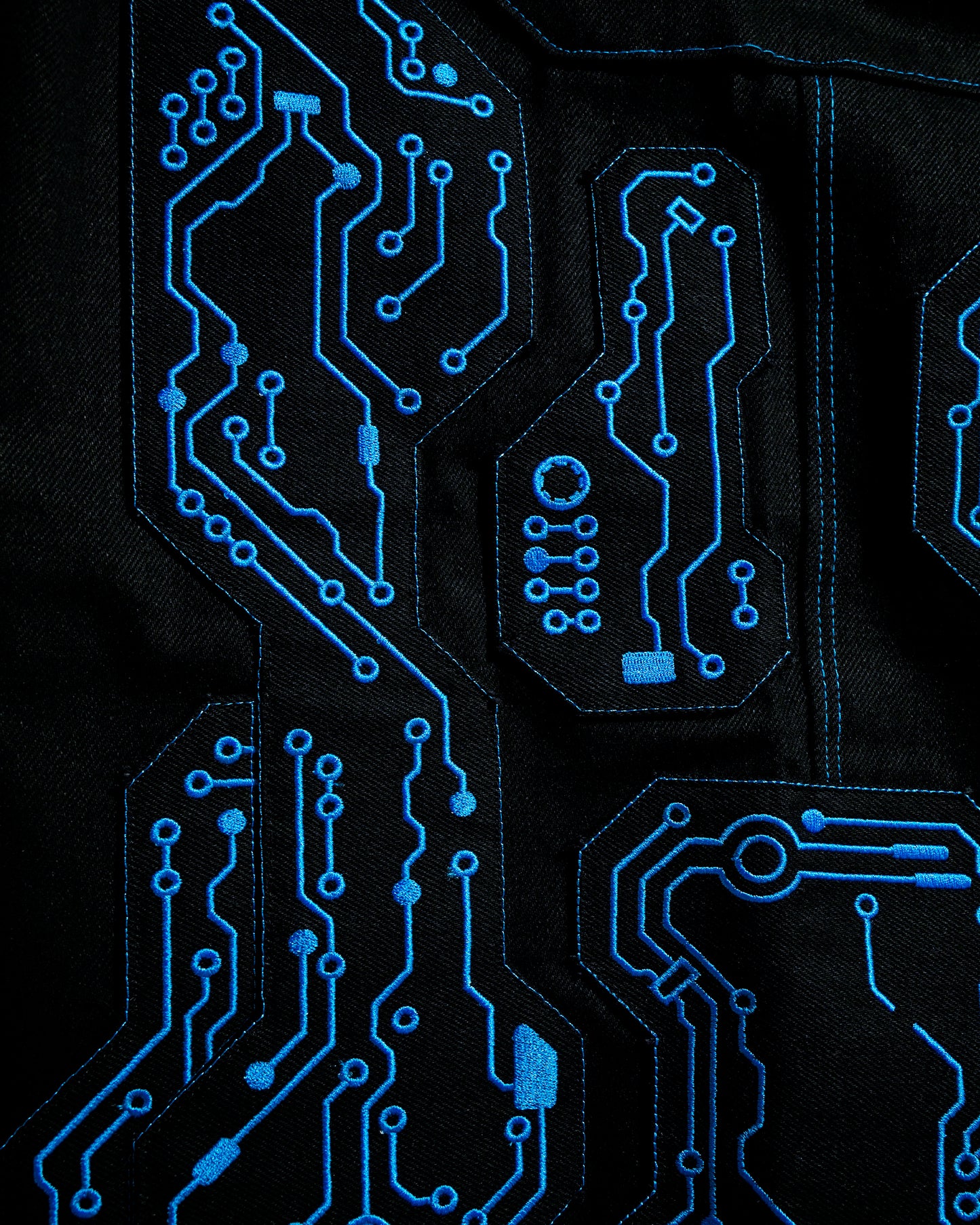 black denim grid futuristic techno circuit cyborg pants, embroidery detail
