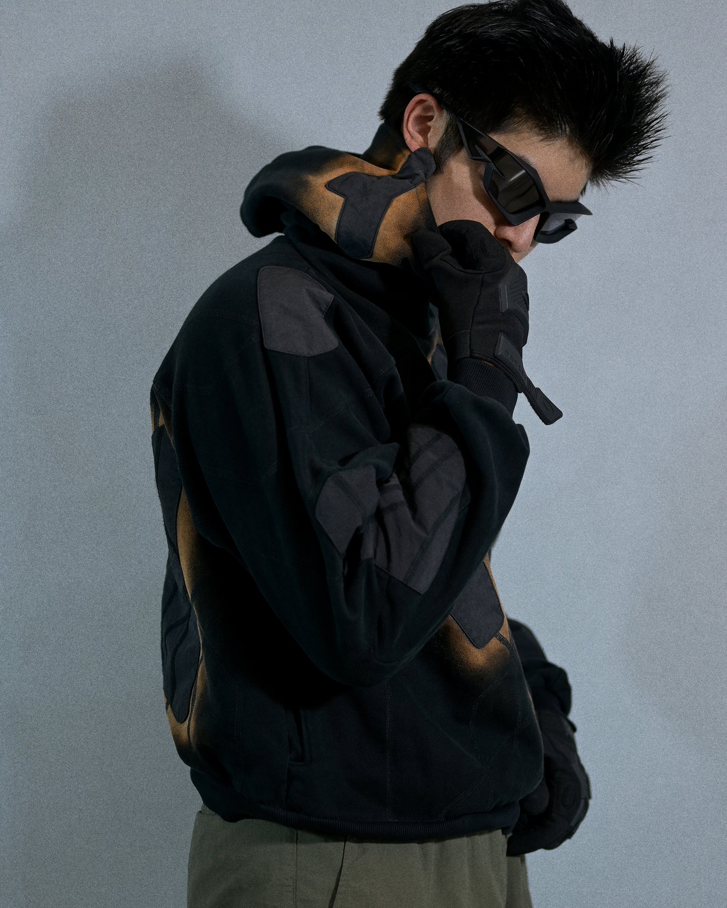 black eclipse air brushed archive streetwear hoodie, front model view