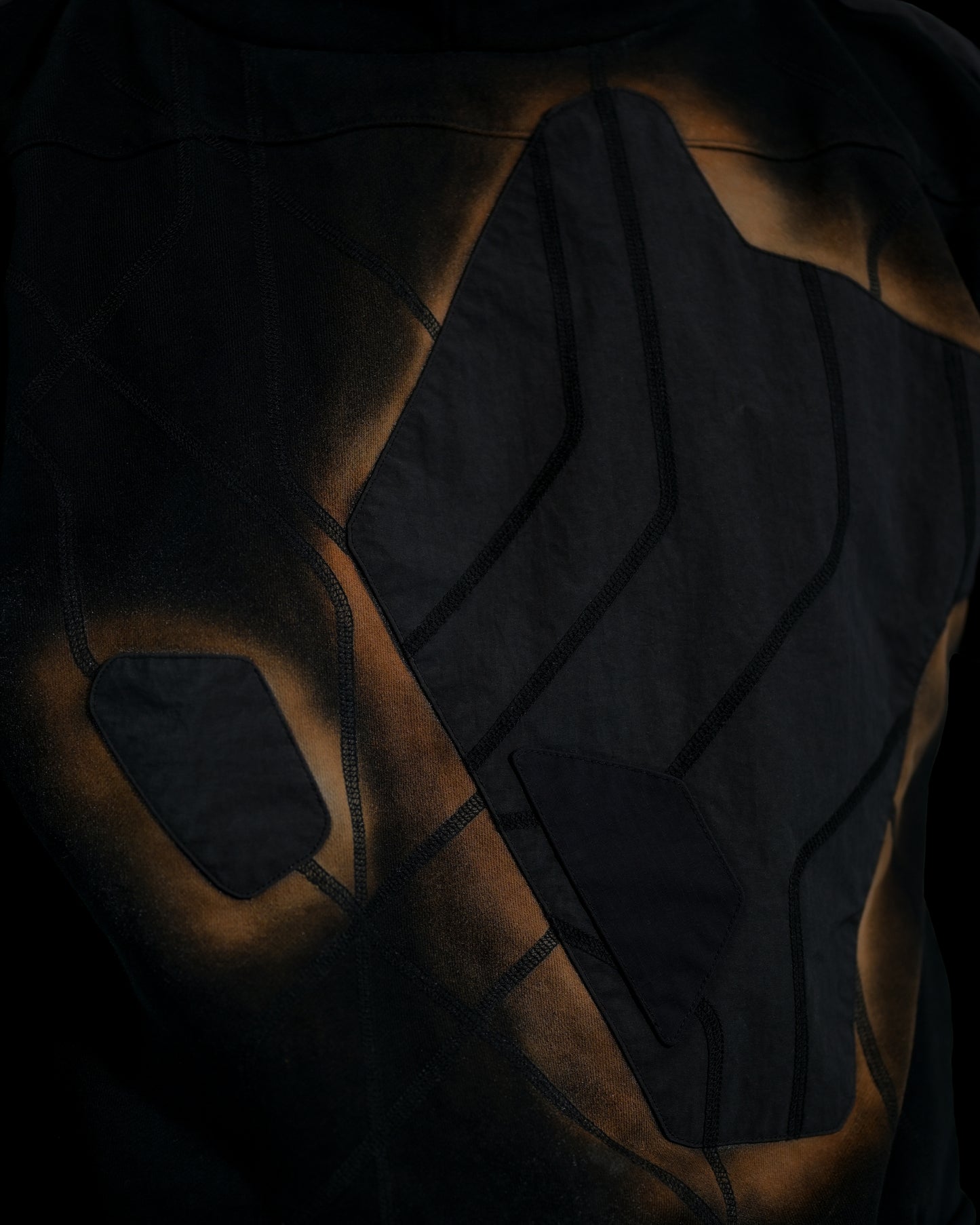 black eclipse air brushed archive streetwear hoodie, stitching view