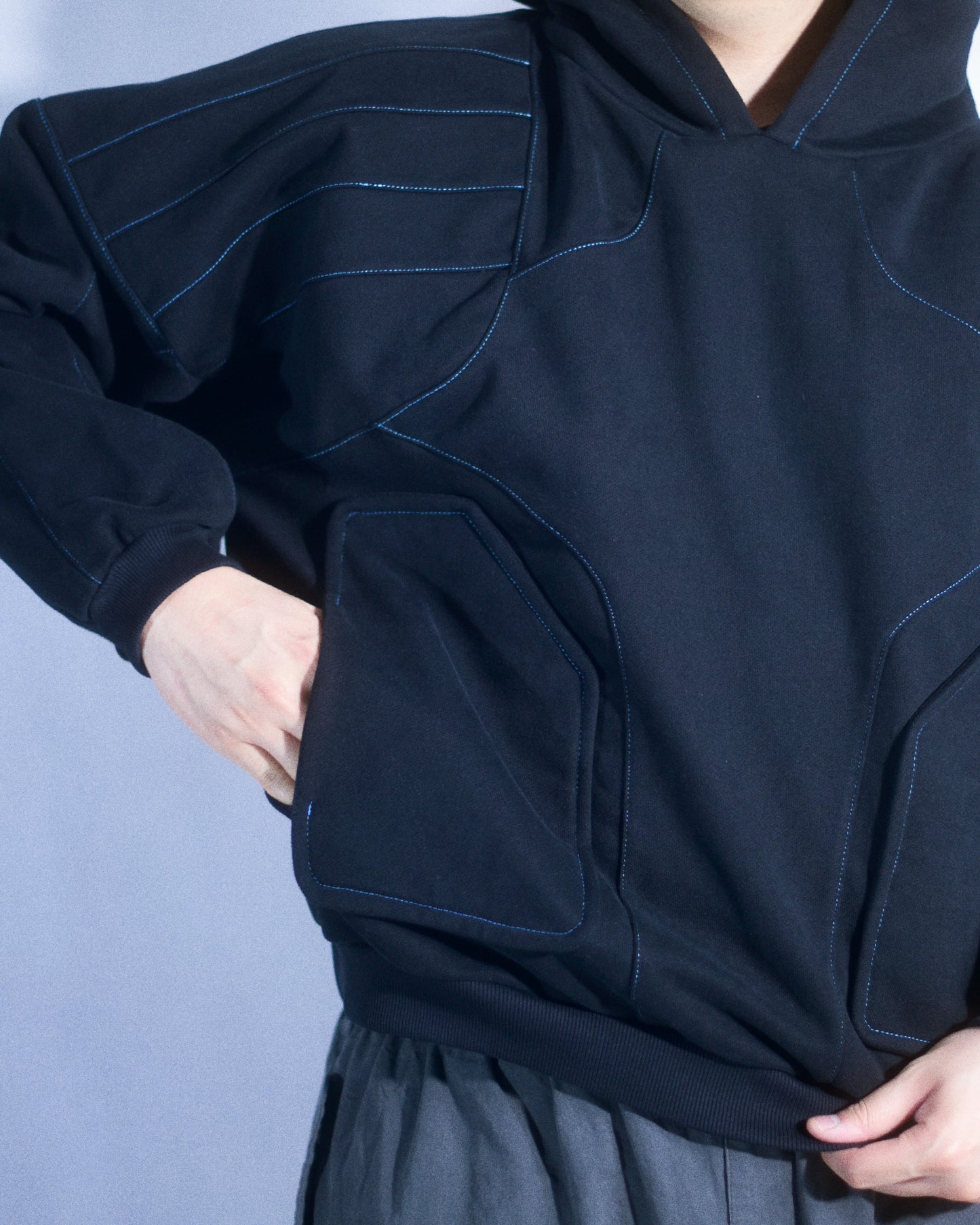 black streetwear dark future modular hoodie, model view 1