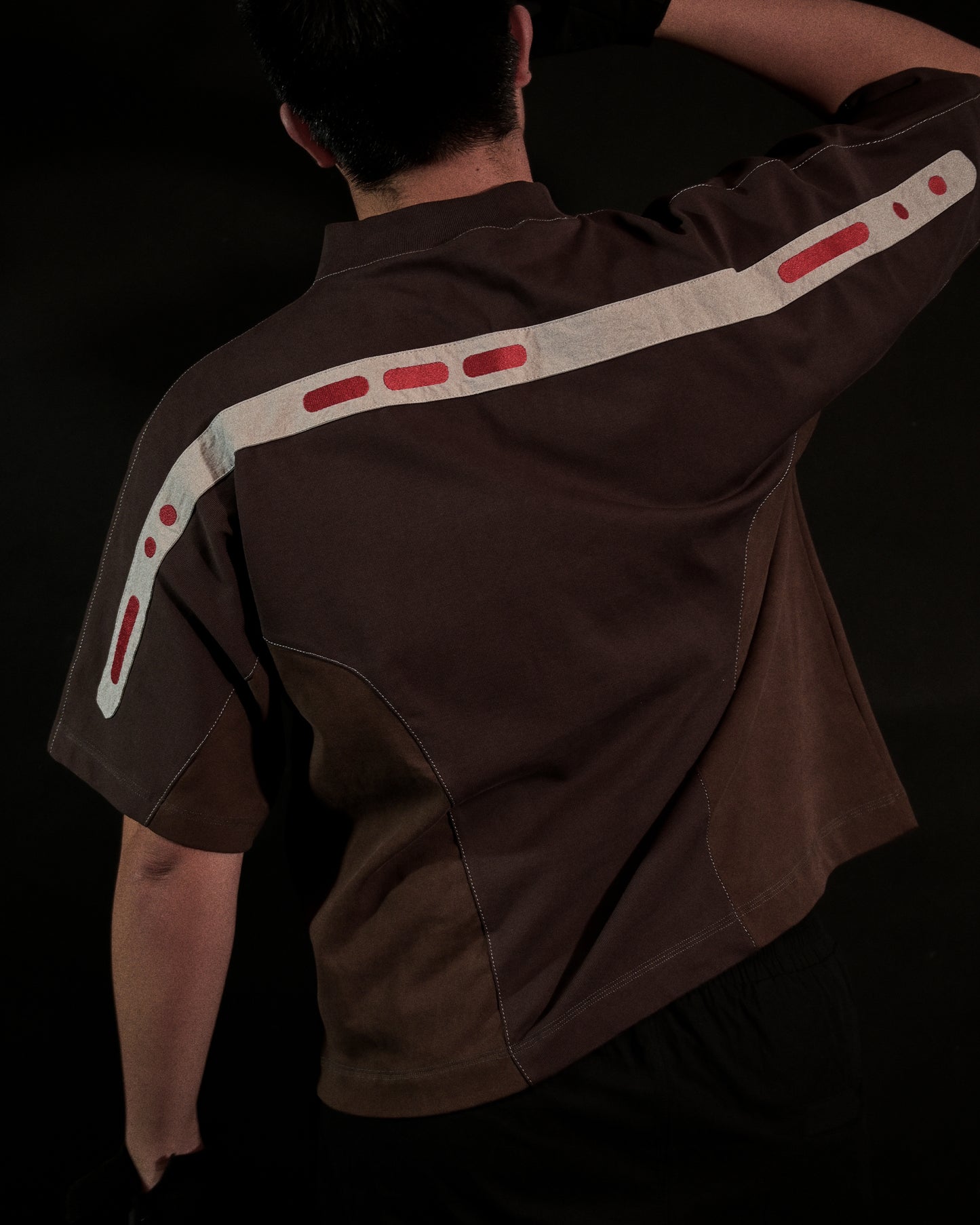 brown earth tone industrial terrain tee, back model view