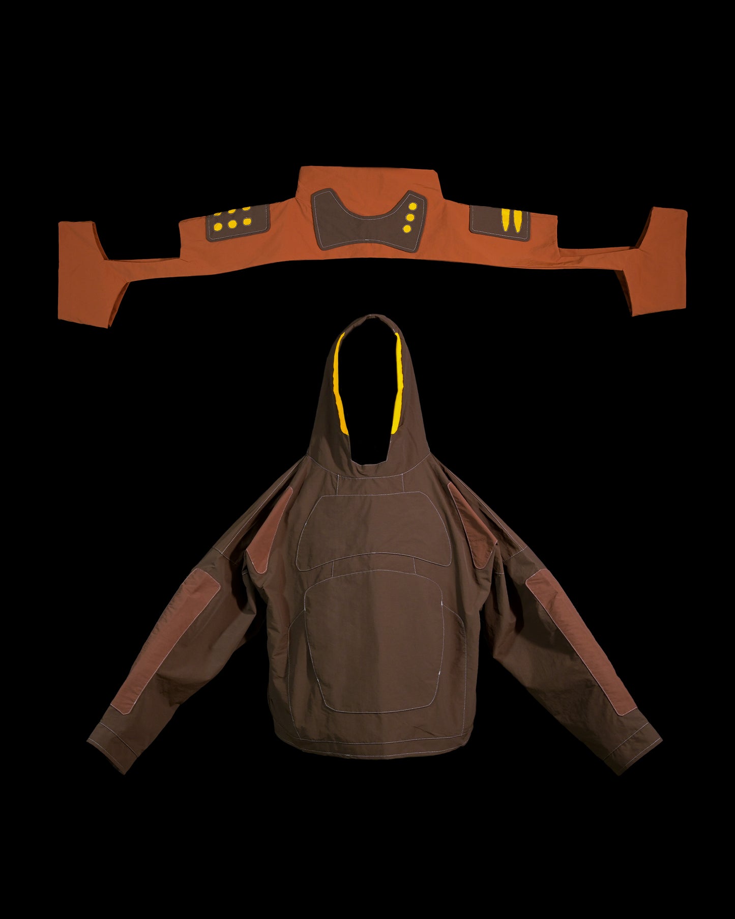 brown industrial dystopian streetwear archive fashion jacket, add on piece view