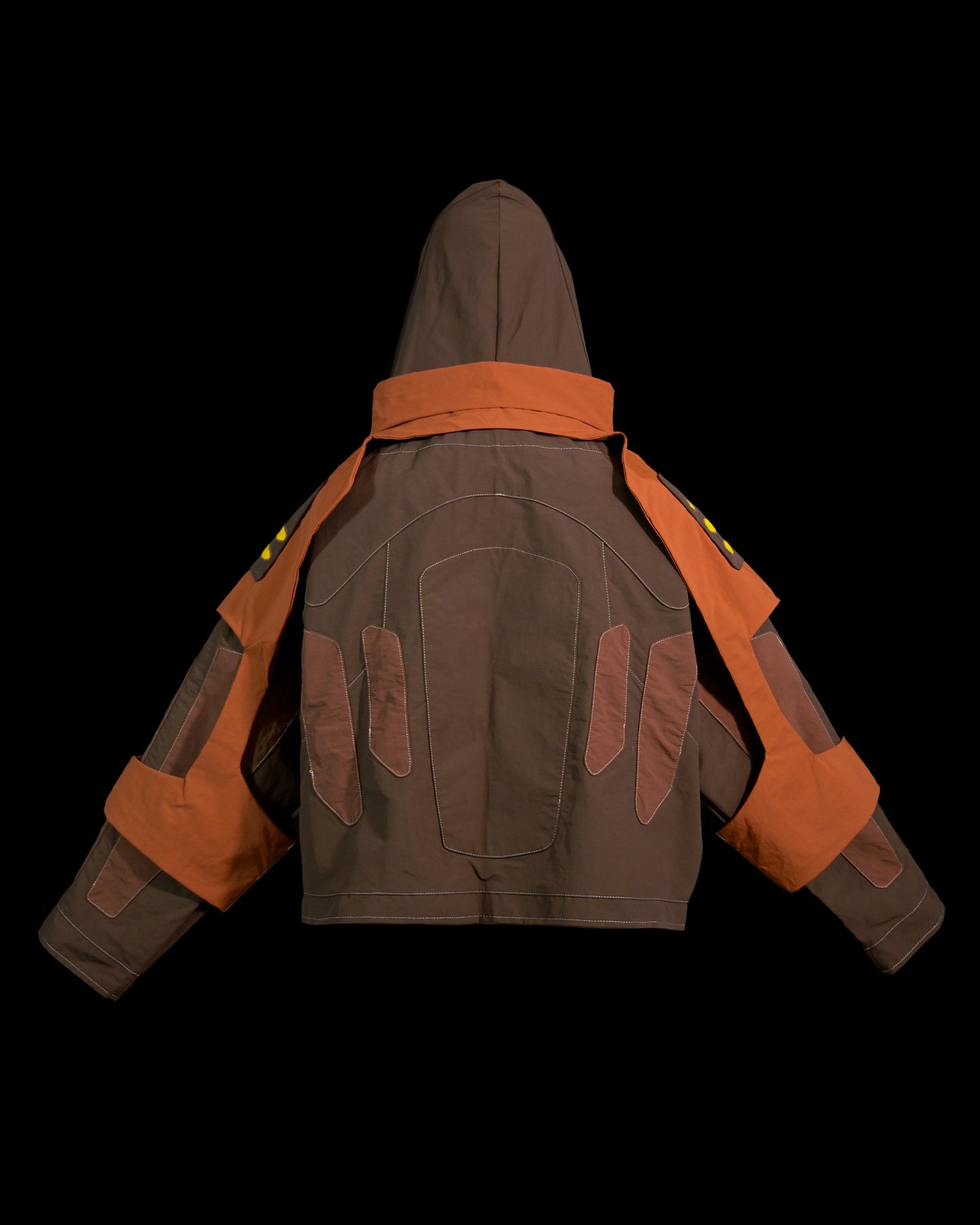 brown industrial dystopian streetwear archive fashion jacket, back view
