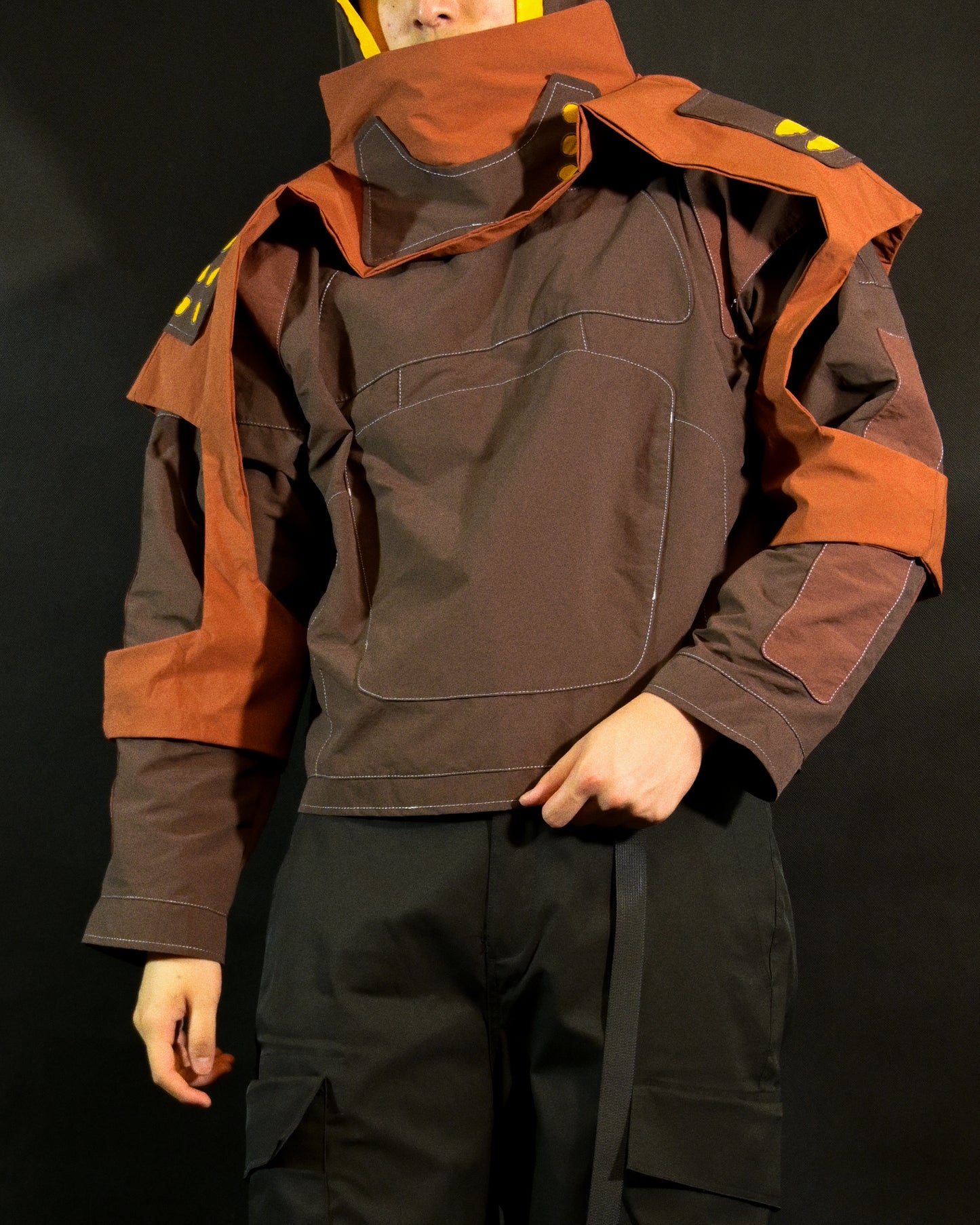 brown industrial dystopian streetwear archive fashion jacket, model view