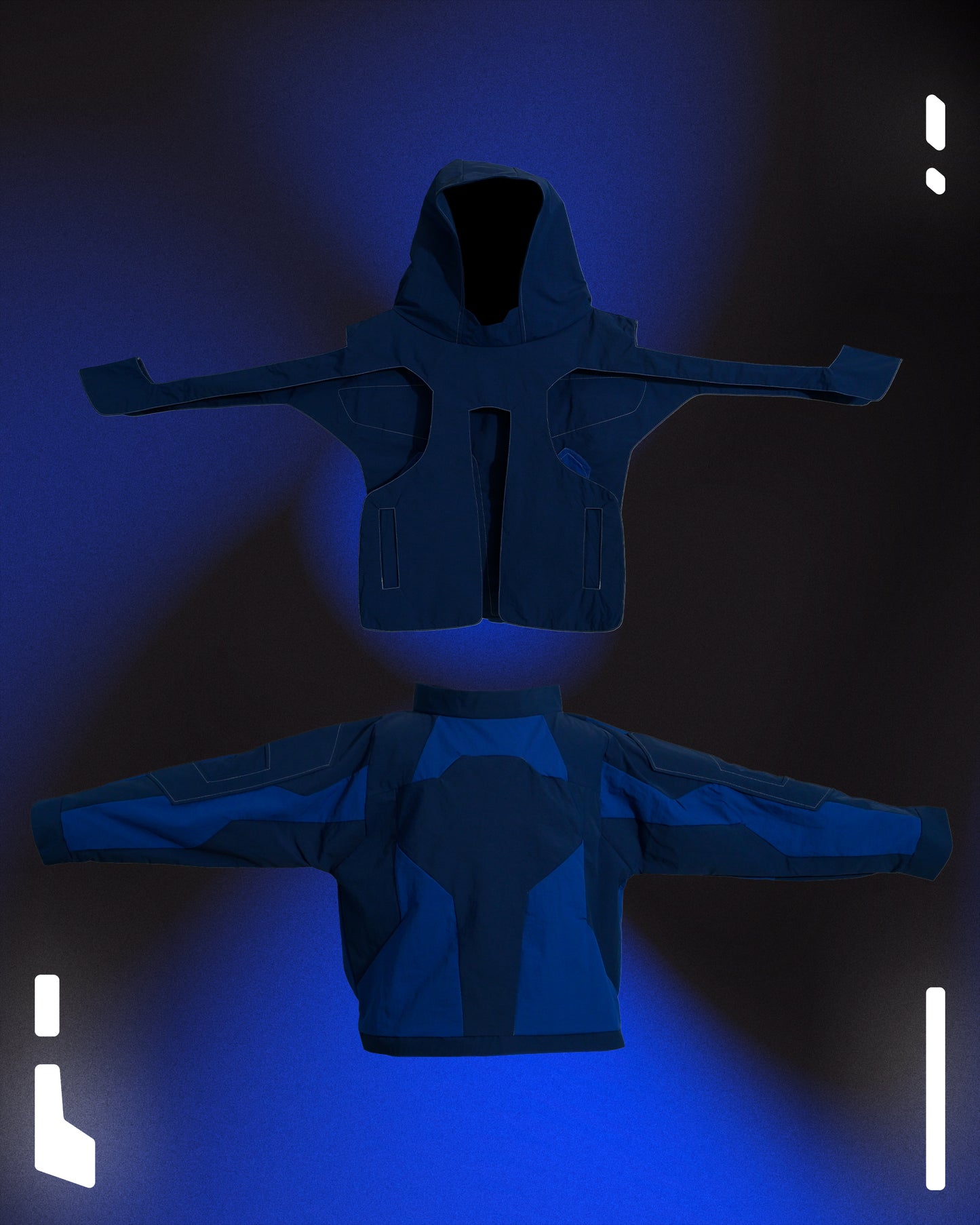 cybercore spacepunk cyberpunk experimental navy jacket, front add on view