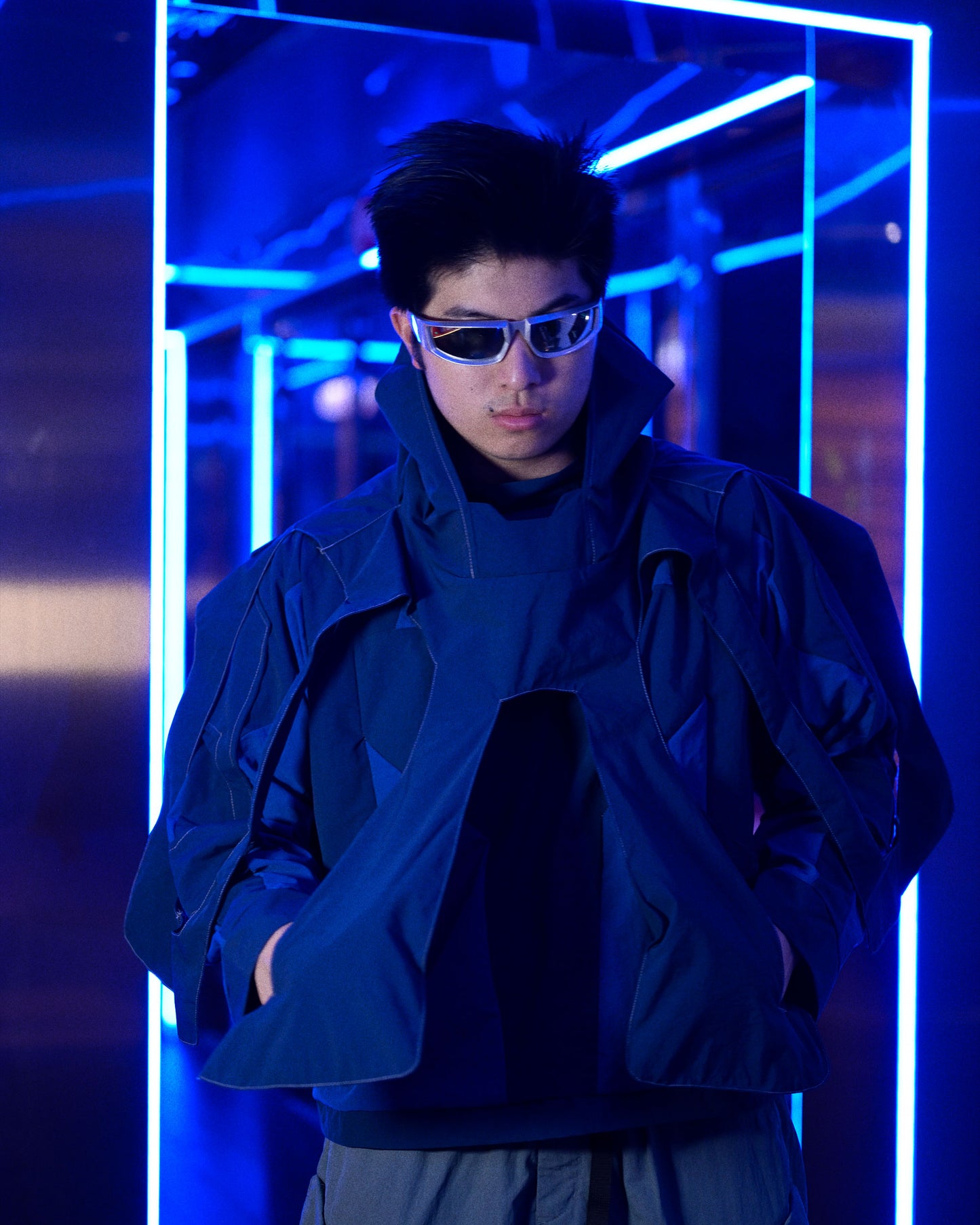 cybercore spacepunk cyberpunk experimental navy jacket, front model view