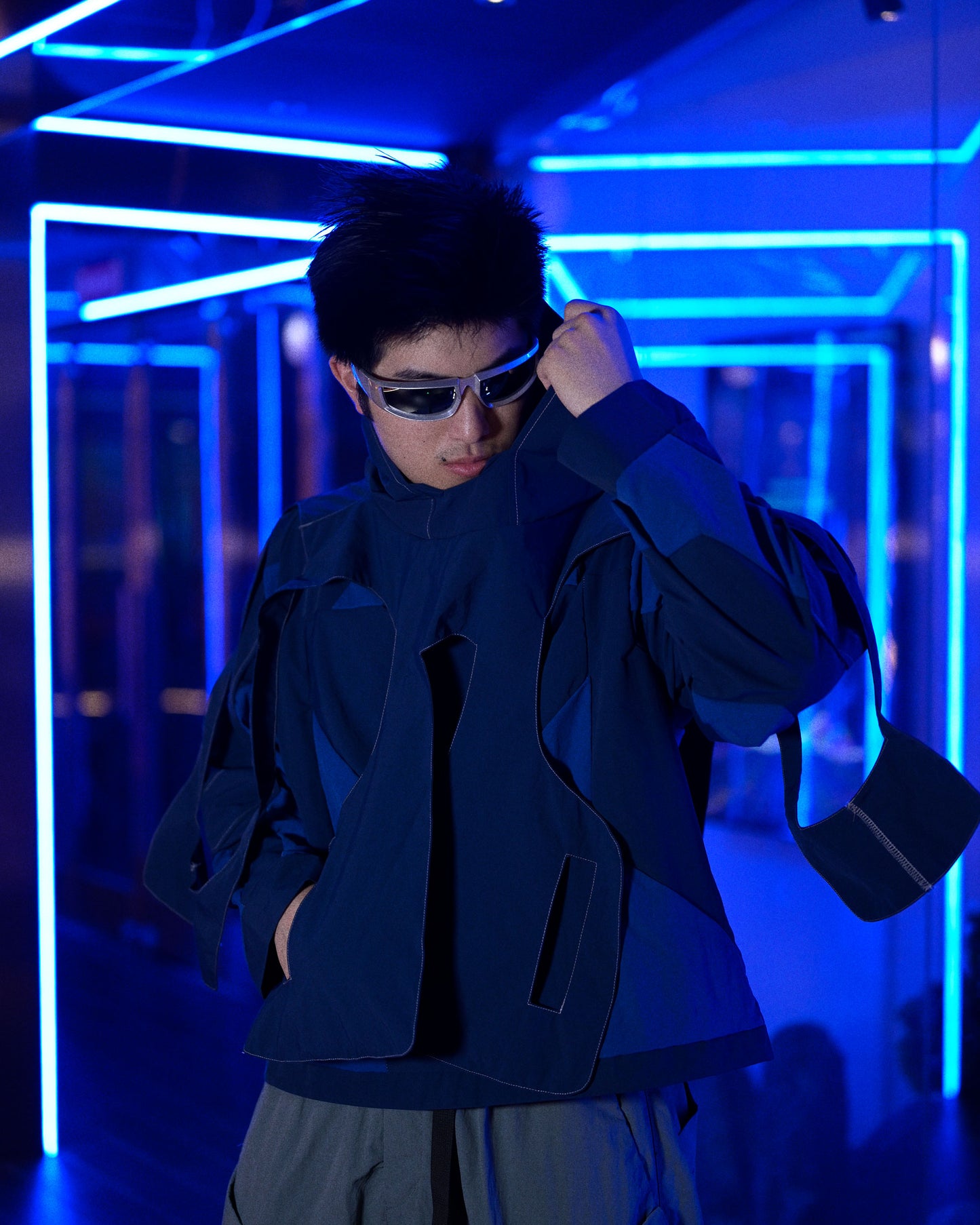 cybercore spacepunk cyberpunk experimental navy jacket, model view