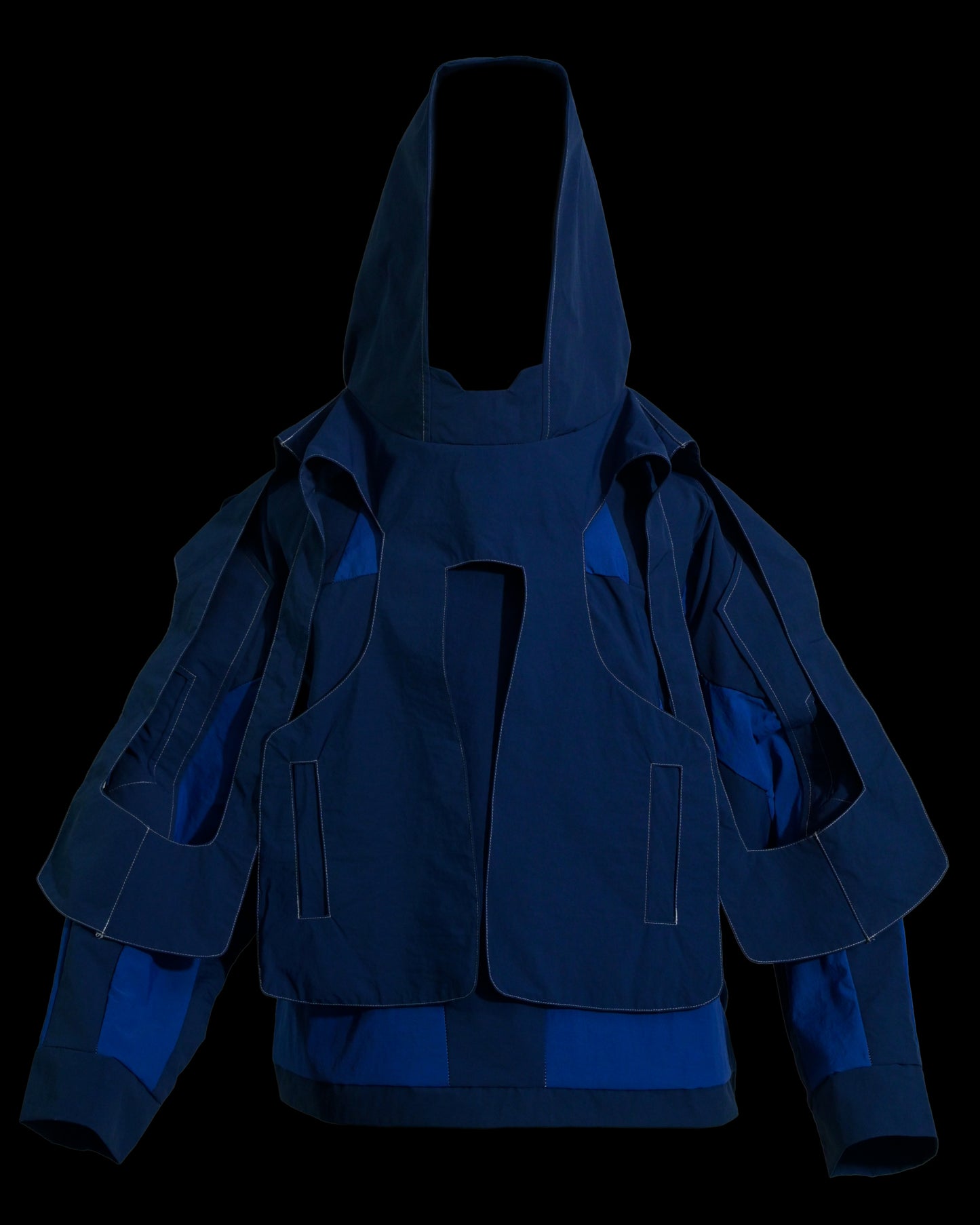 cybercore spacepunk cyberpunk experimental navy jacket, front view
