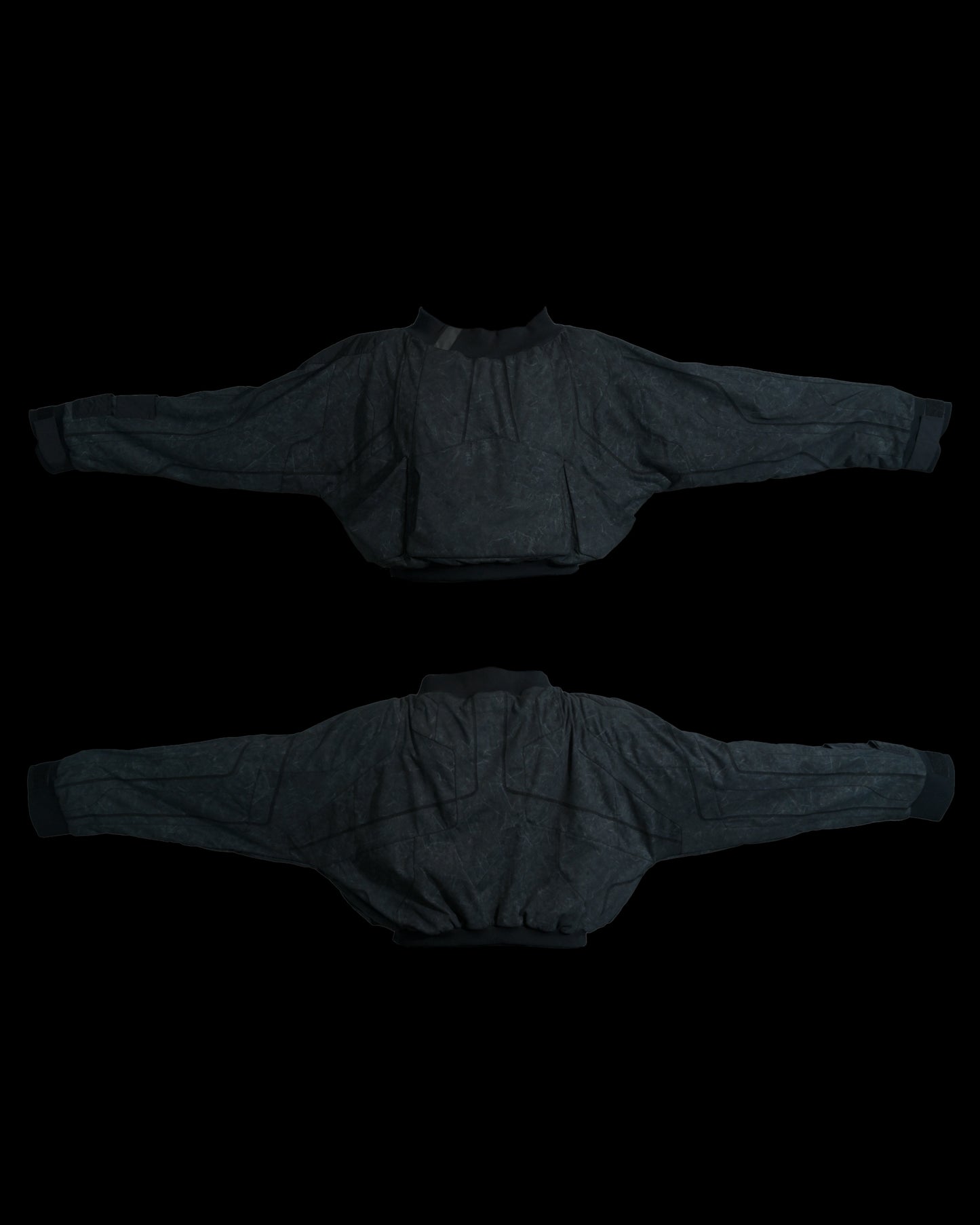 dark black dystopian wasteland cyberpunk long sleeve, front and back view