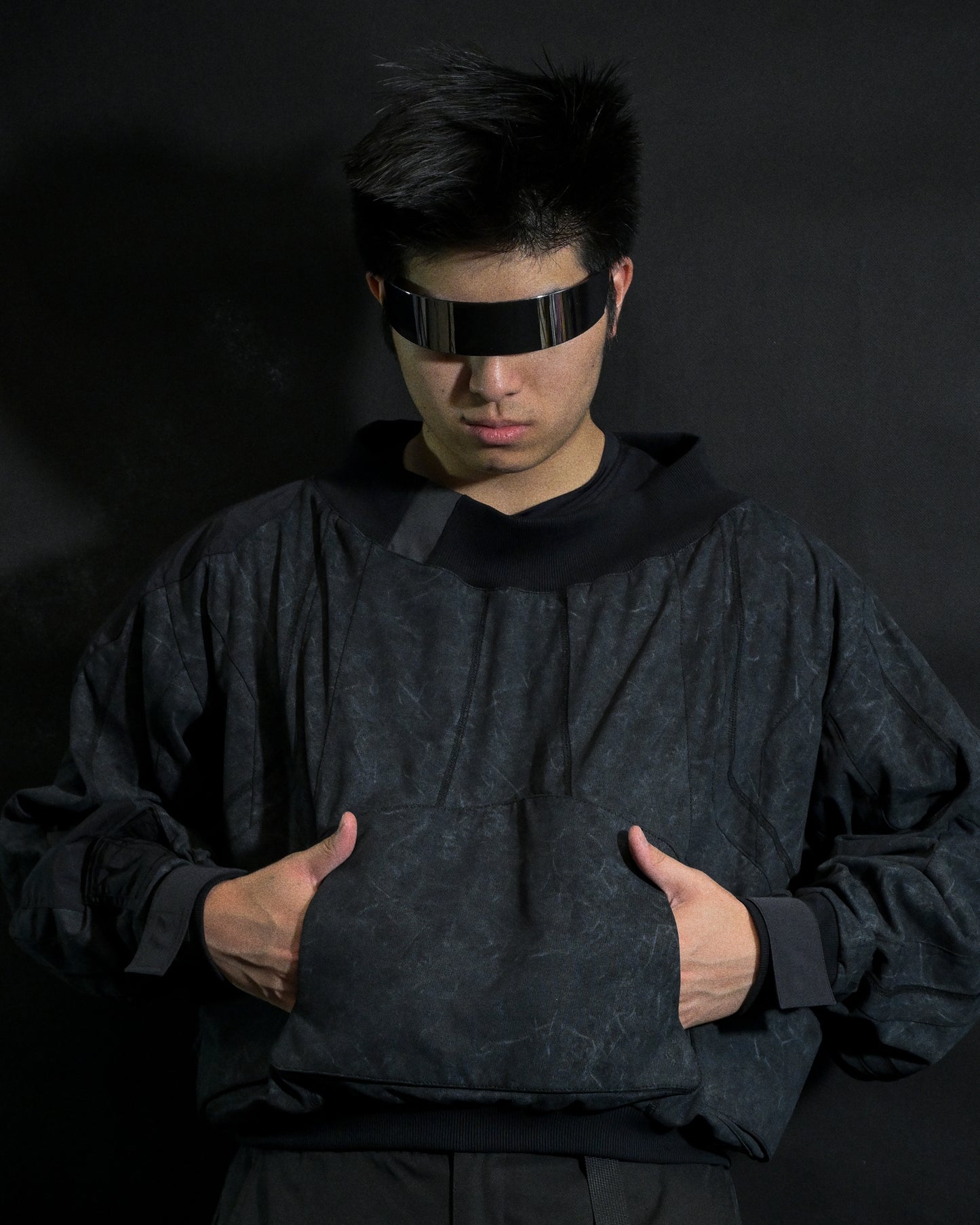 dark black dystopian wasteland cyberpunk long sleeve, front model view