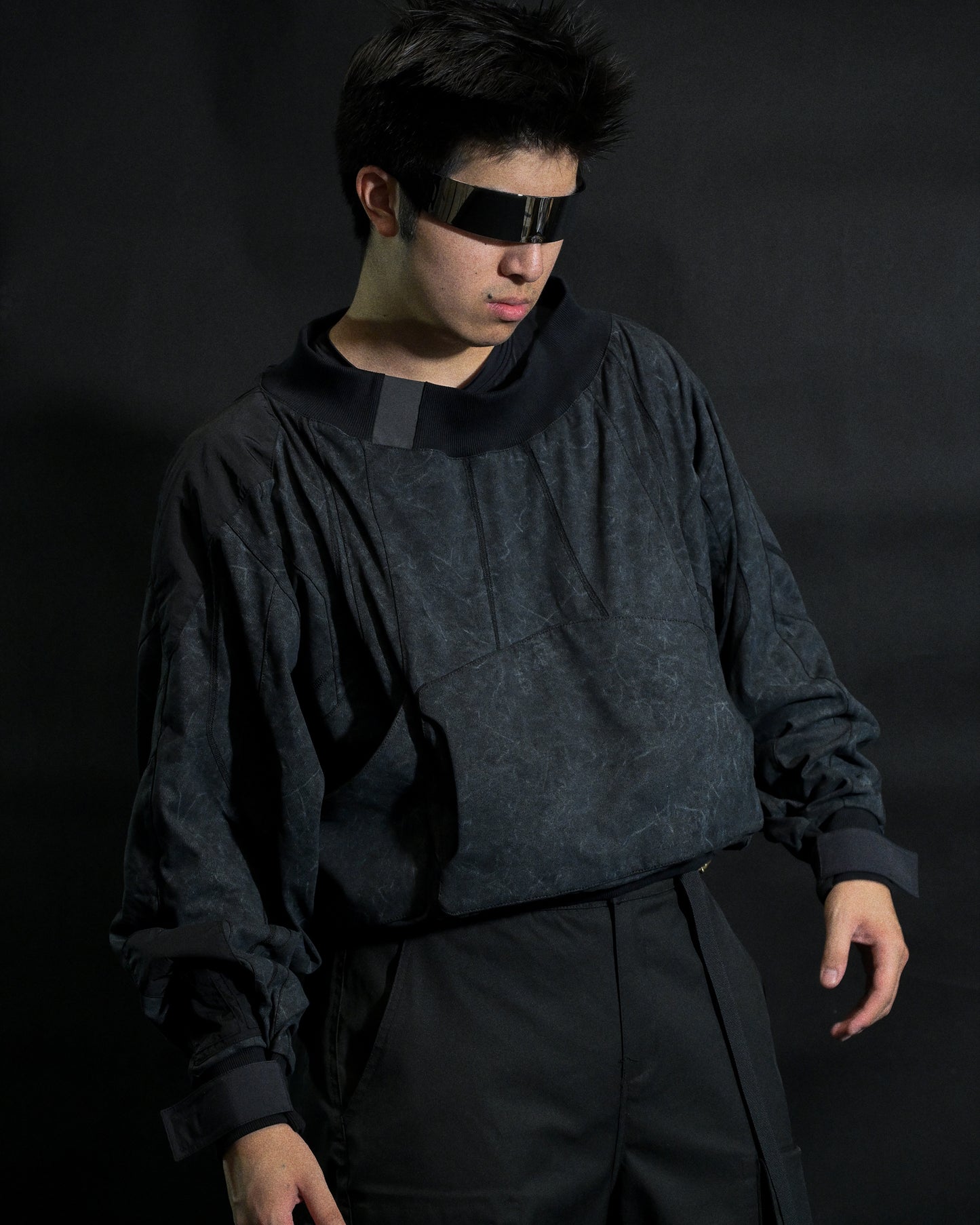 dark black dystopian wasteland cyberpunk long sleeve, model view