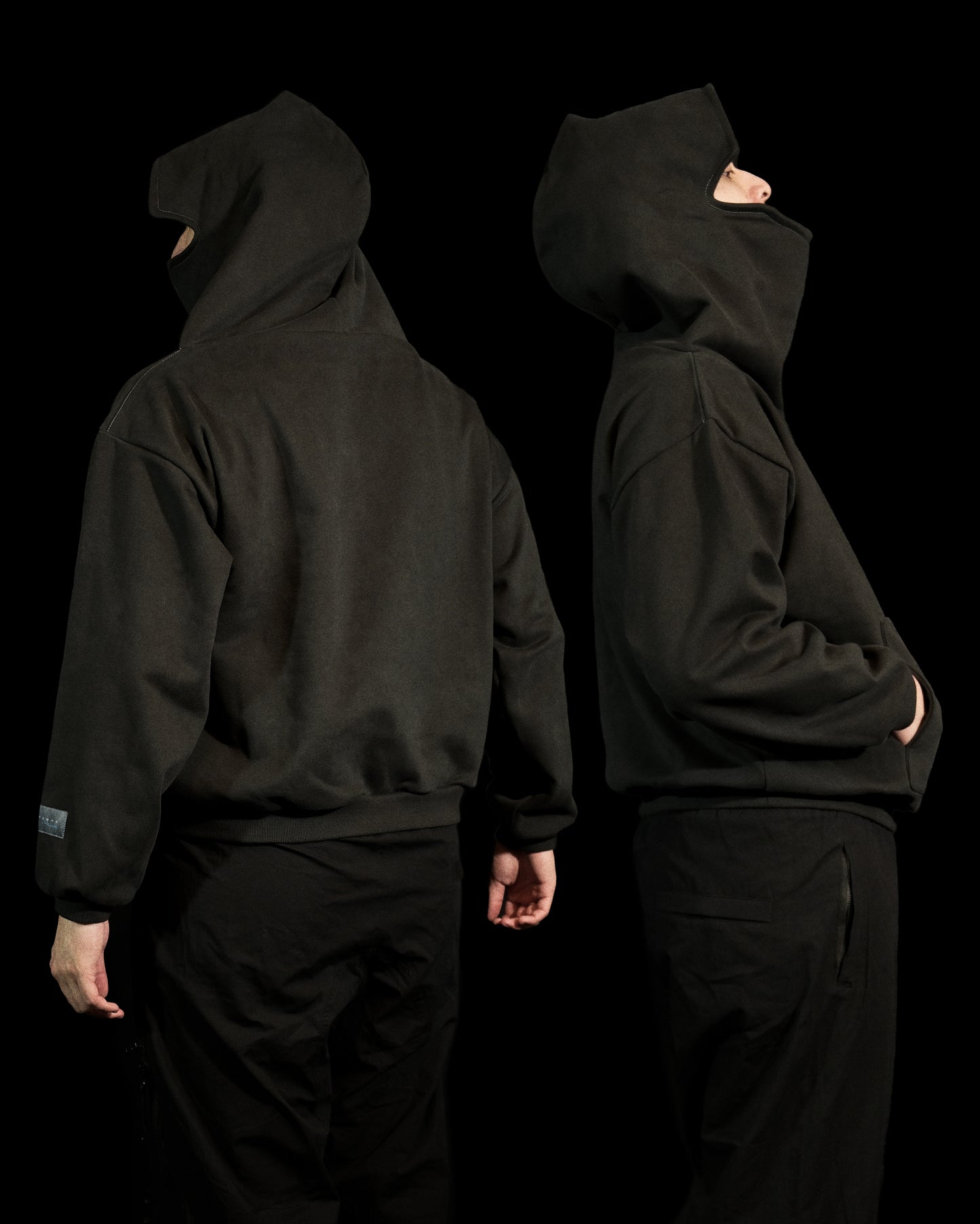 dark grey galactic sci-fi blank streetwear hoodie, side model view