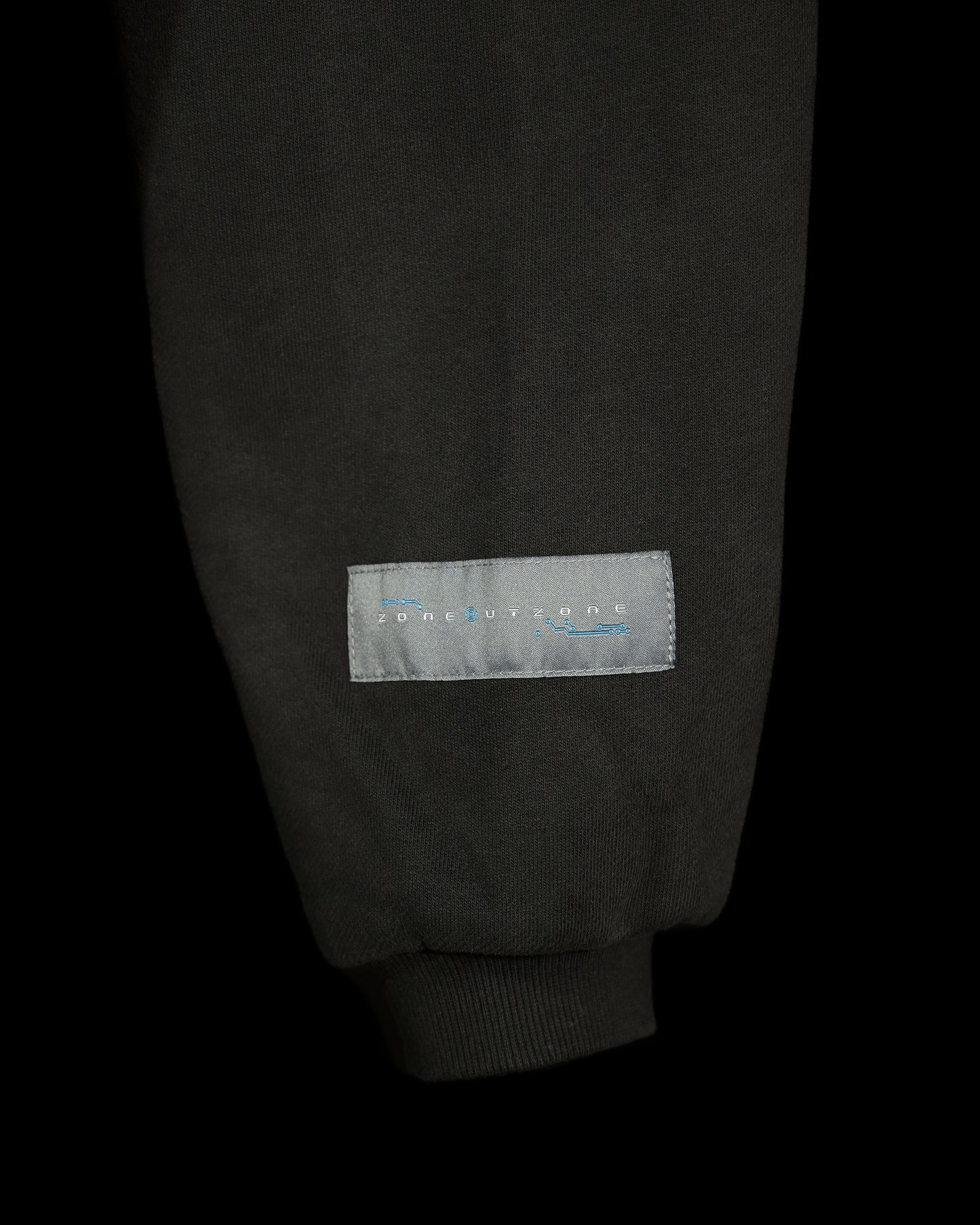 dark grey galactic sci-fi blank streetwear hoodie, woven tag on sleeve