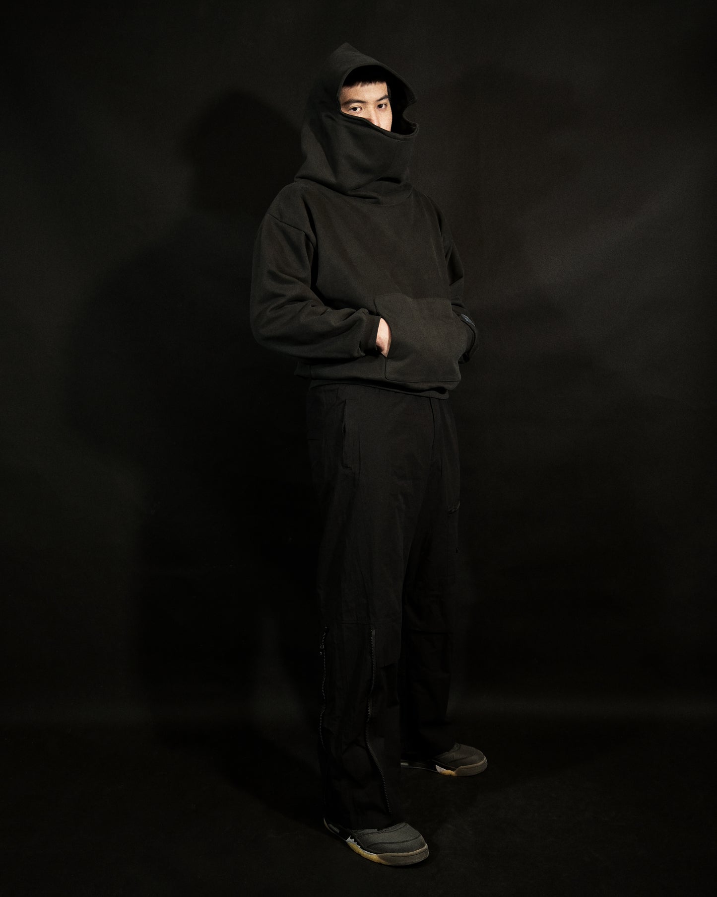 dark grey galactic sci-fi blank streetwear hoodie, front model view