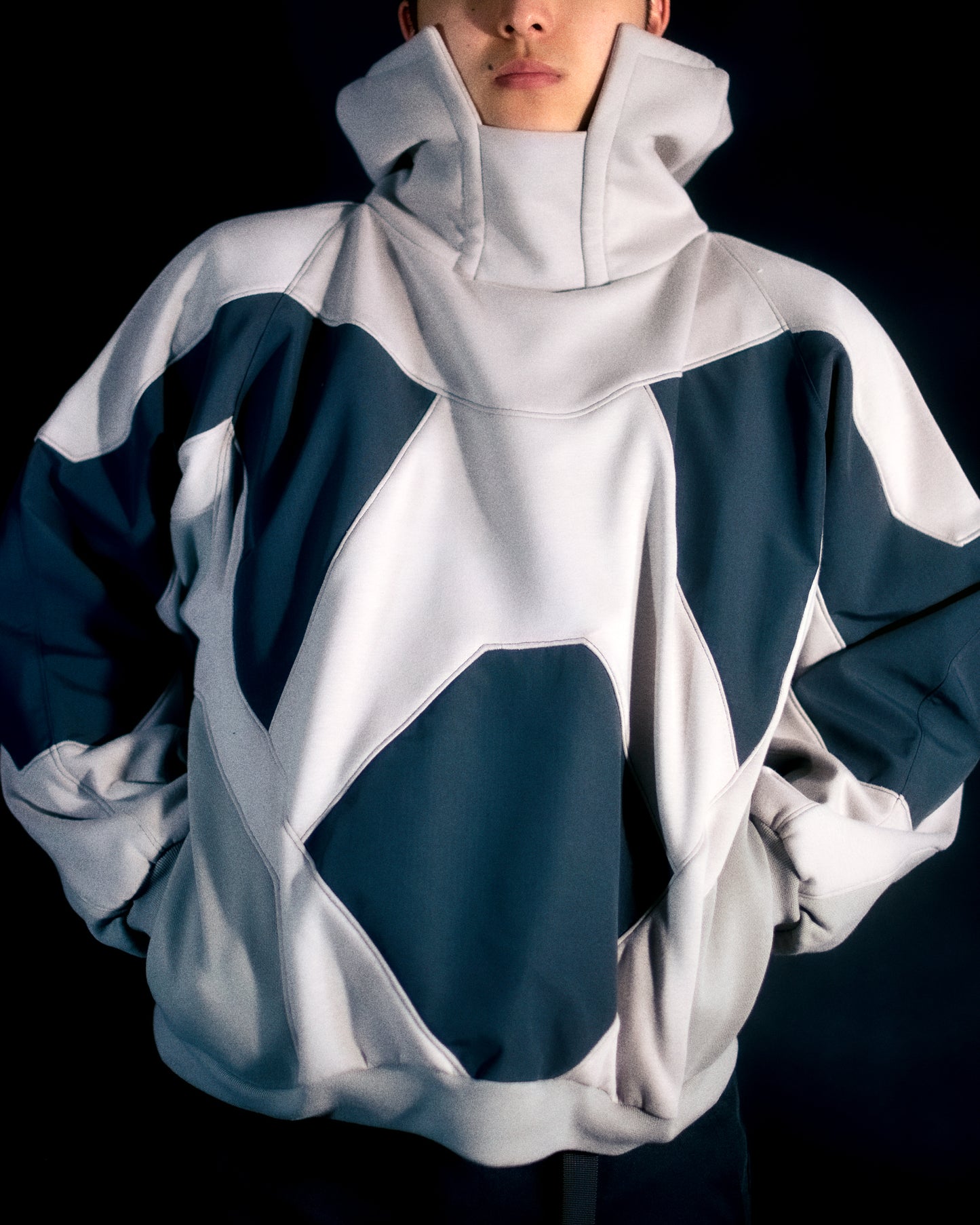 grey battlemech robot futuristic armor hoodie pullover, front close up view