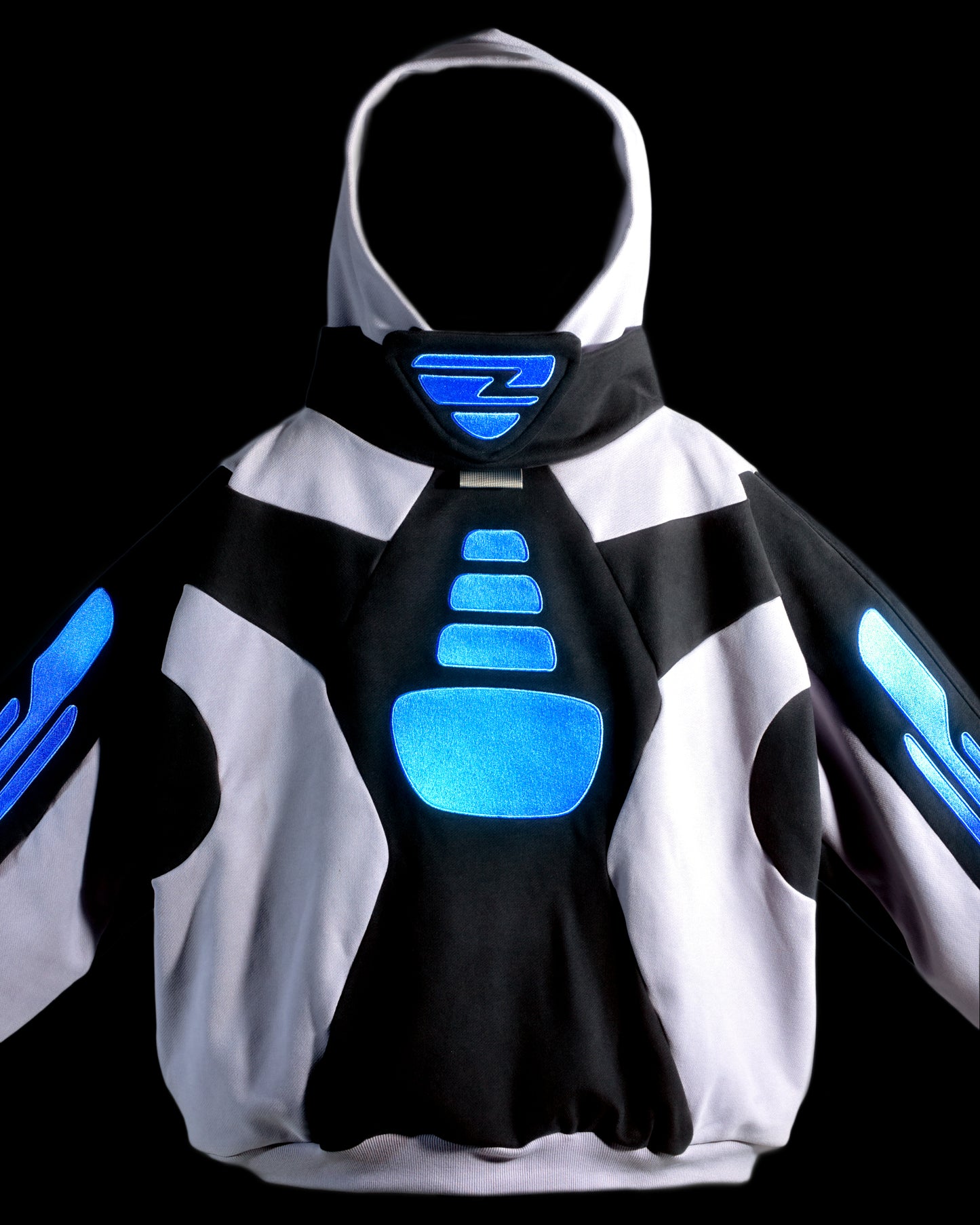 grey black cyber atom cyberpunk space odyssey hoodie, front close up view