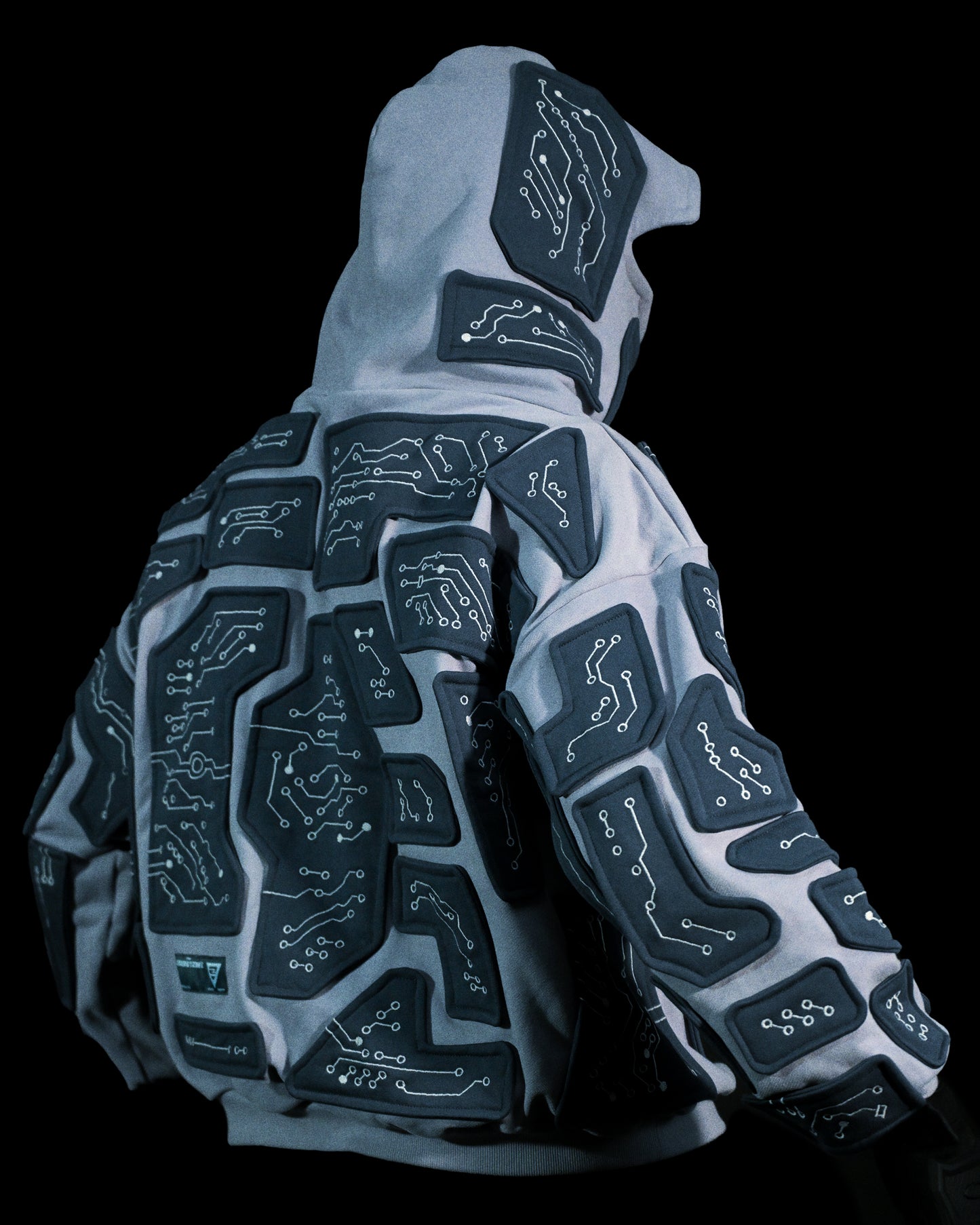 grey cybercore grid robotic cyberpunk luxury heavyweight hoodie, back model view