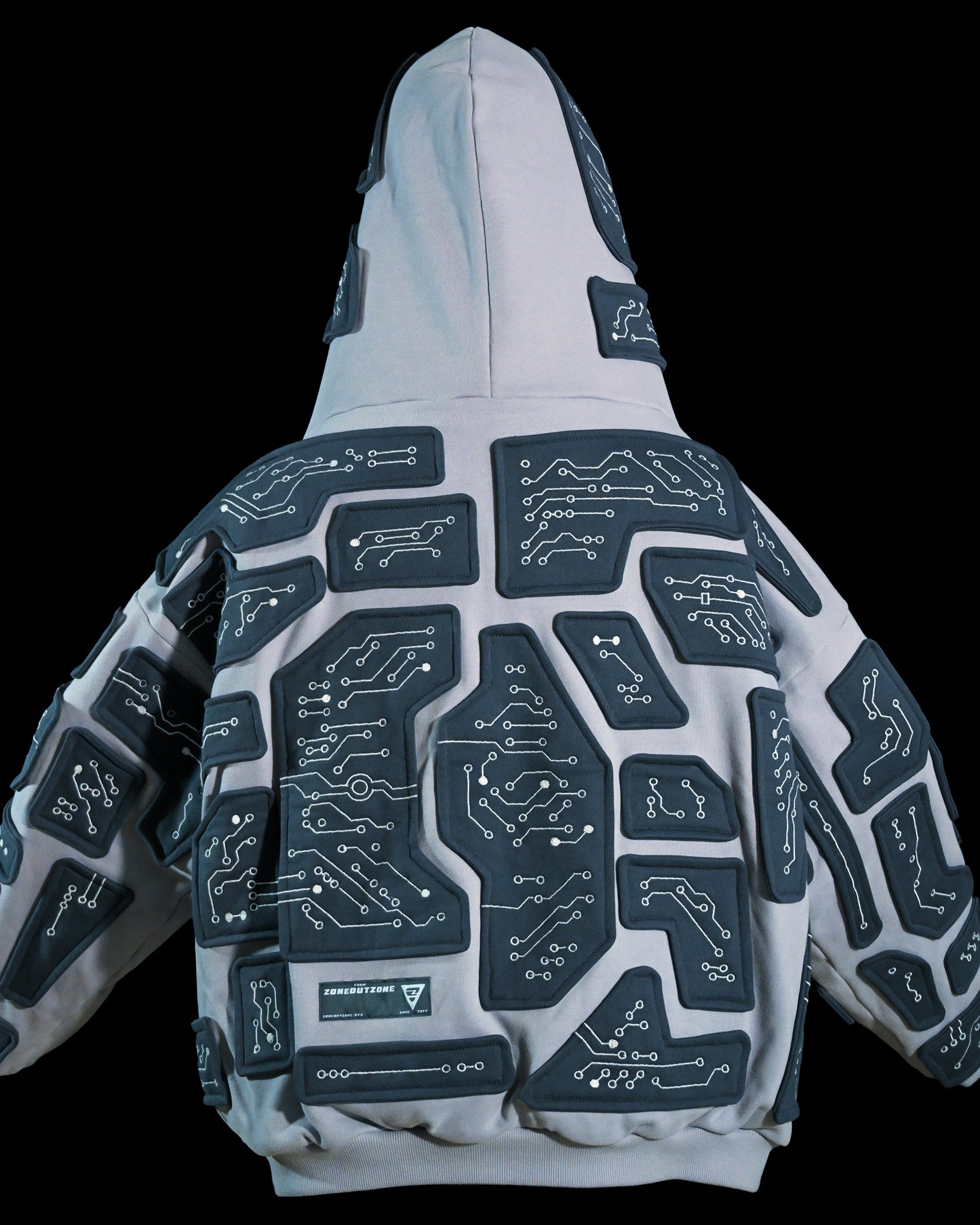 grey cybercore grid robotic cyberpunk luxury heavyweight hoodie, back view