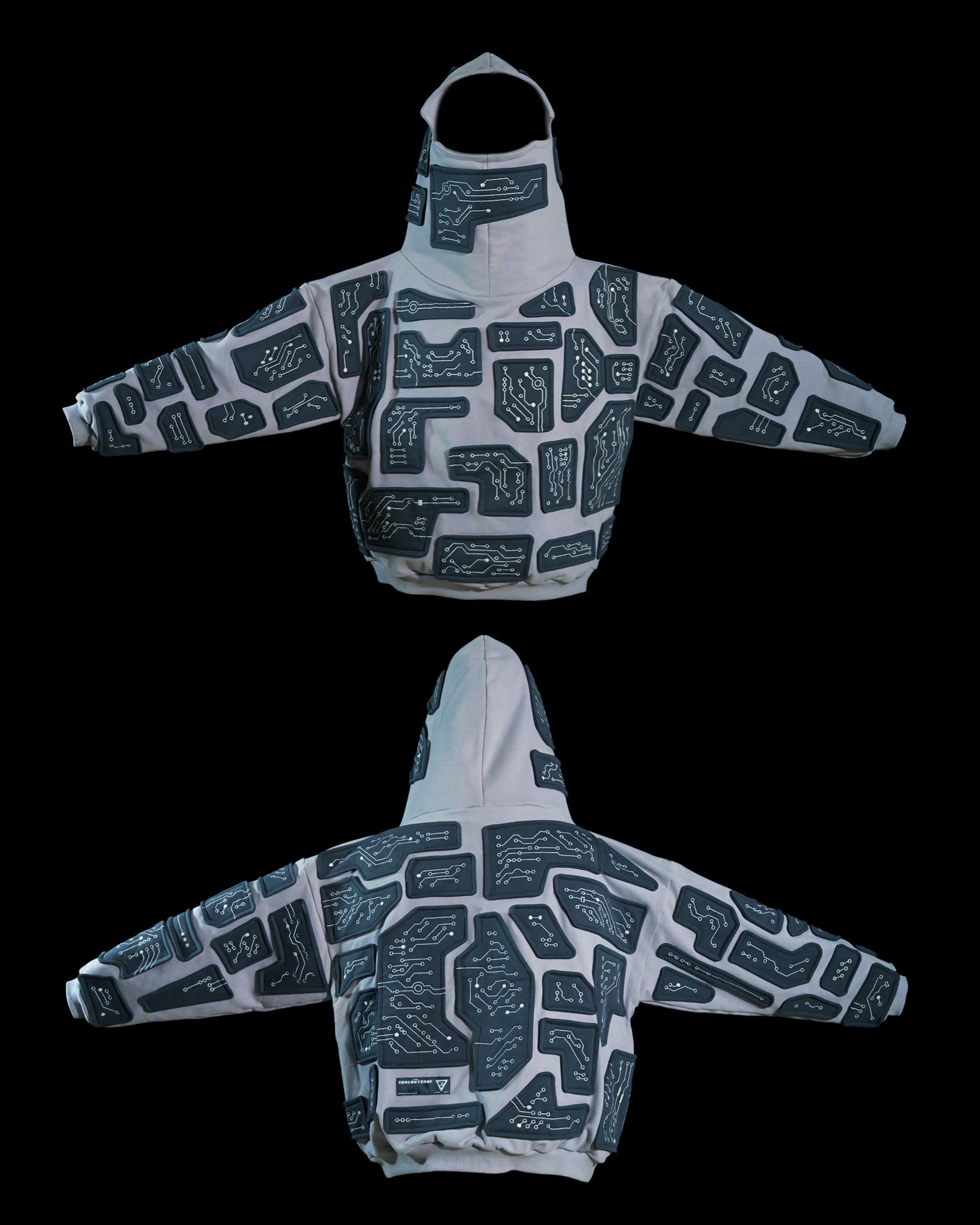 grey cybercore grid robotic cyberpunk luxury heavyweight hoodie, front and back view