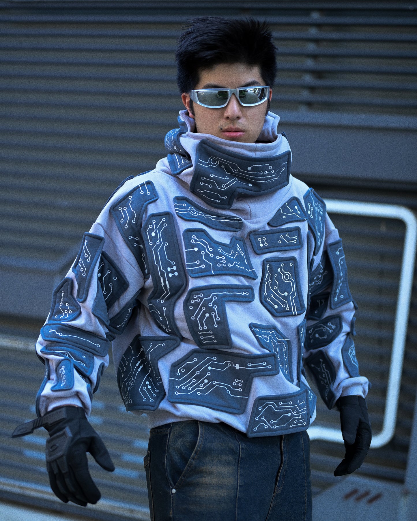 grey cybercore grid robotic cyberpunk luxury heavyweight hoodie, front model view