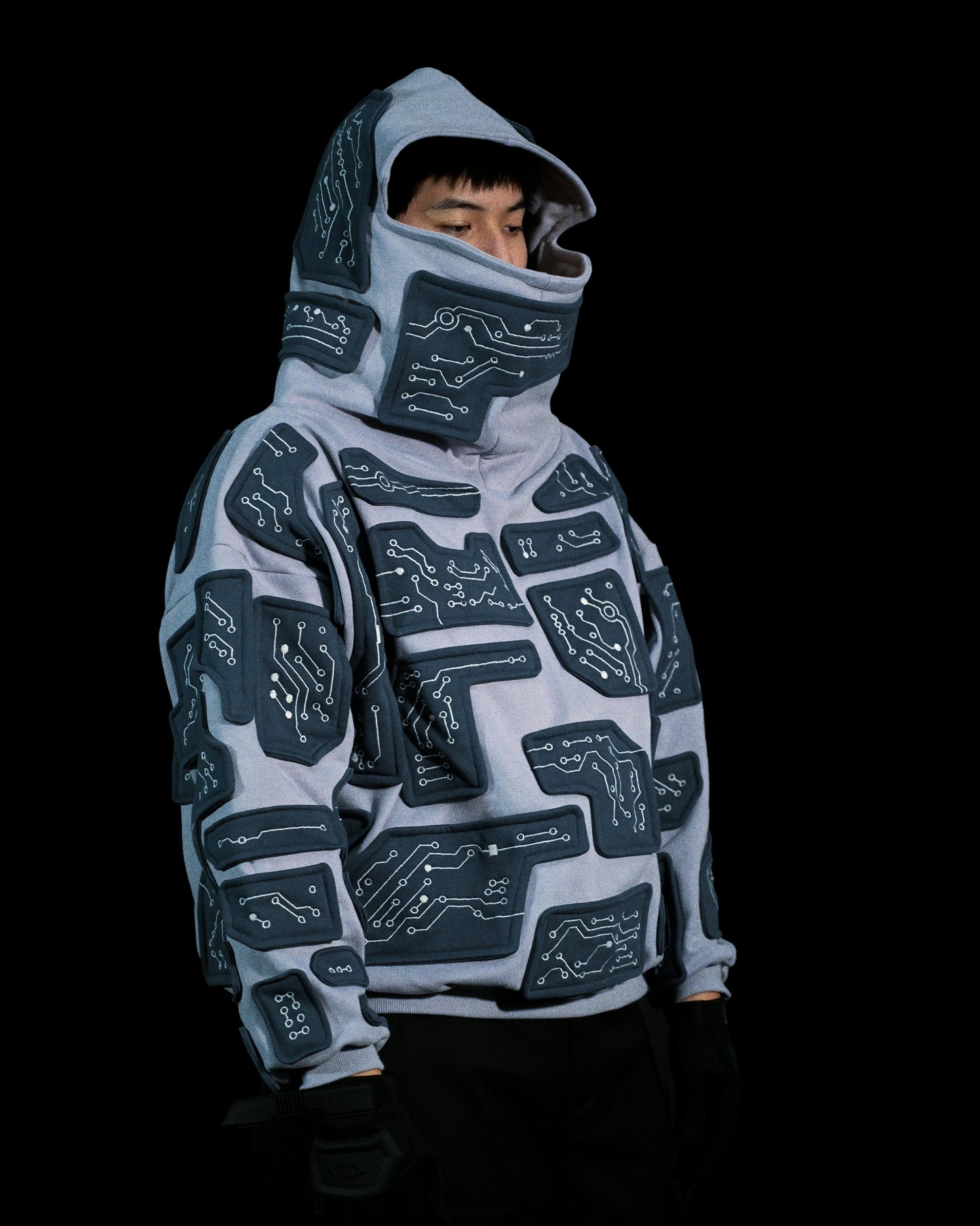 grey cybercore grid robotic cyberpunk luxury heavyweight hoodie, standing model view