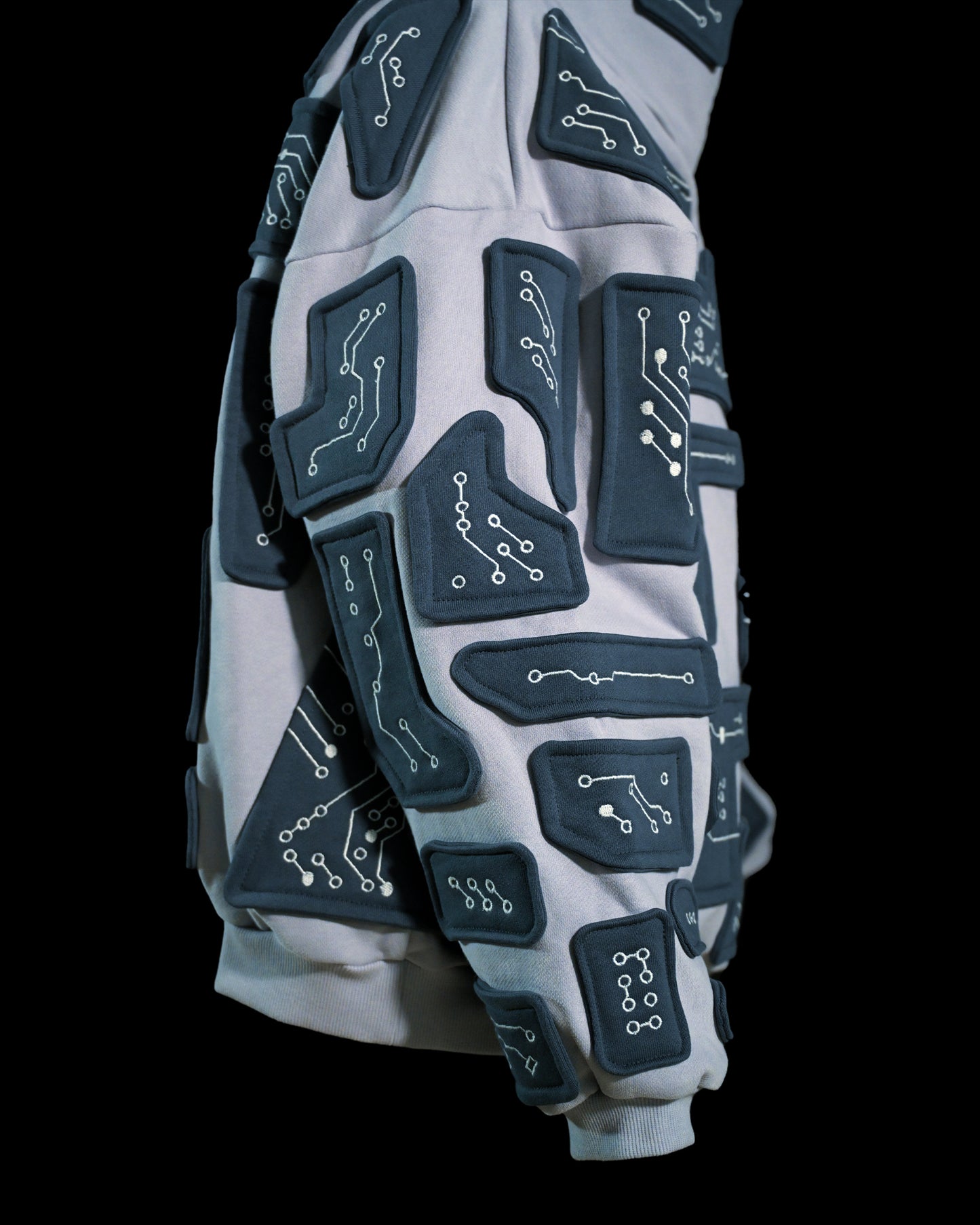 grey cybercore grid robotic cyberpunk luxury heavyweight hoodie, sleeve view