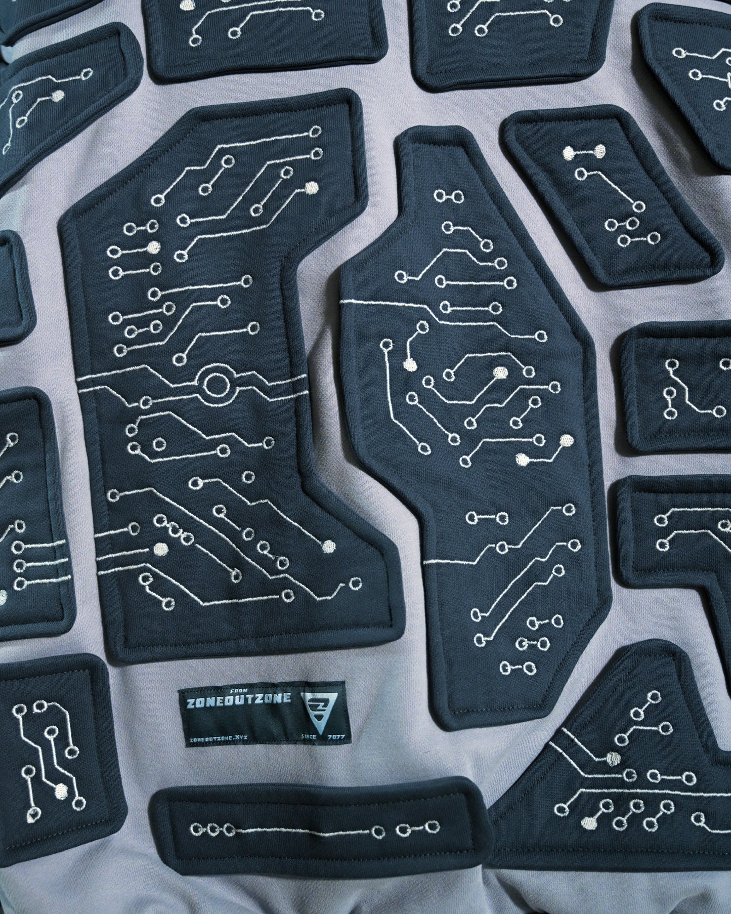 grey cybercore grid robotic cyberpunk luxury heavyweight hoodie, woven tag view