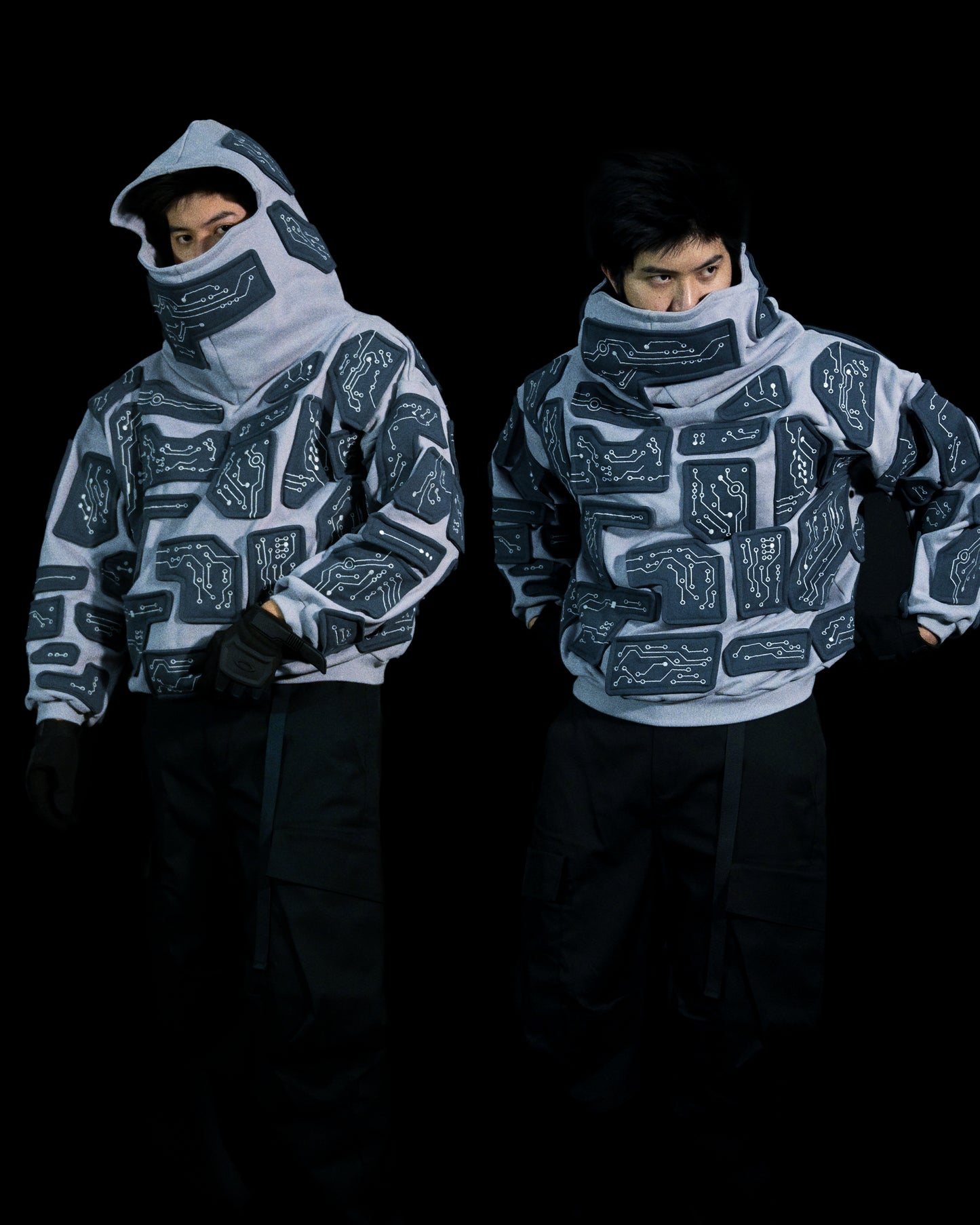 grey cybercore grid robotic cyberpunk luxury heavyweight hoodie, 2 models view