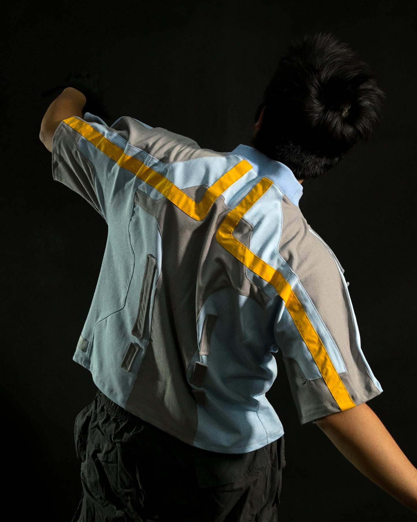 grey cybernetic cd futuristic techwear tee, back model view