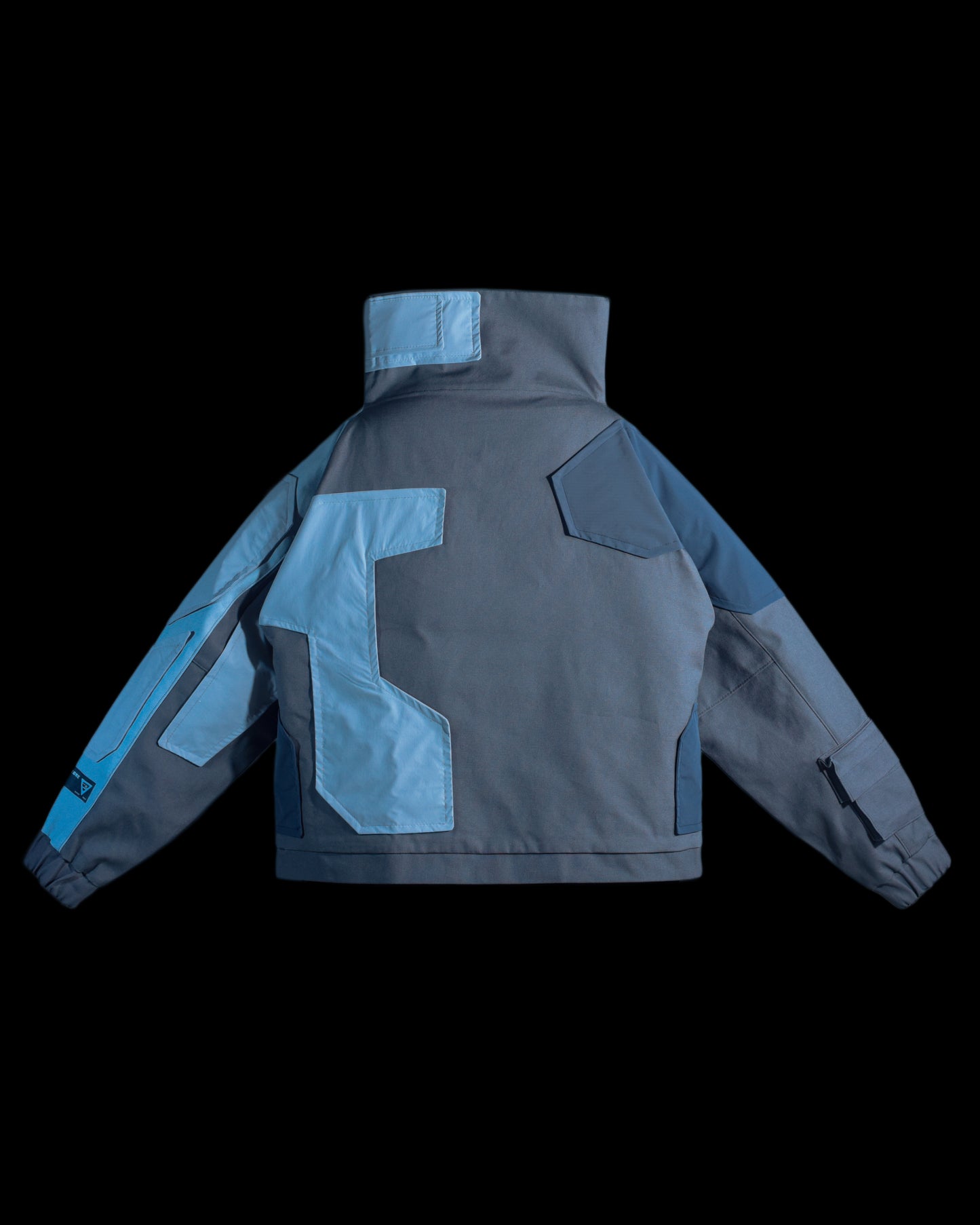 grey cyborg robotic men half zip jacket, back view