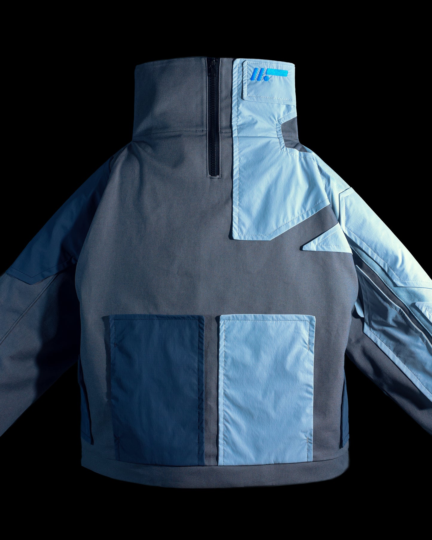 grey cyborg robotic men half zip jacket, front close up view