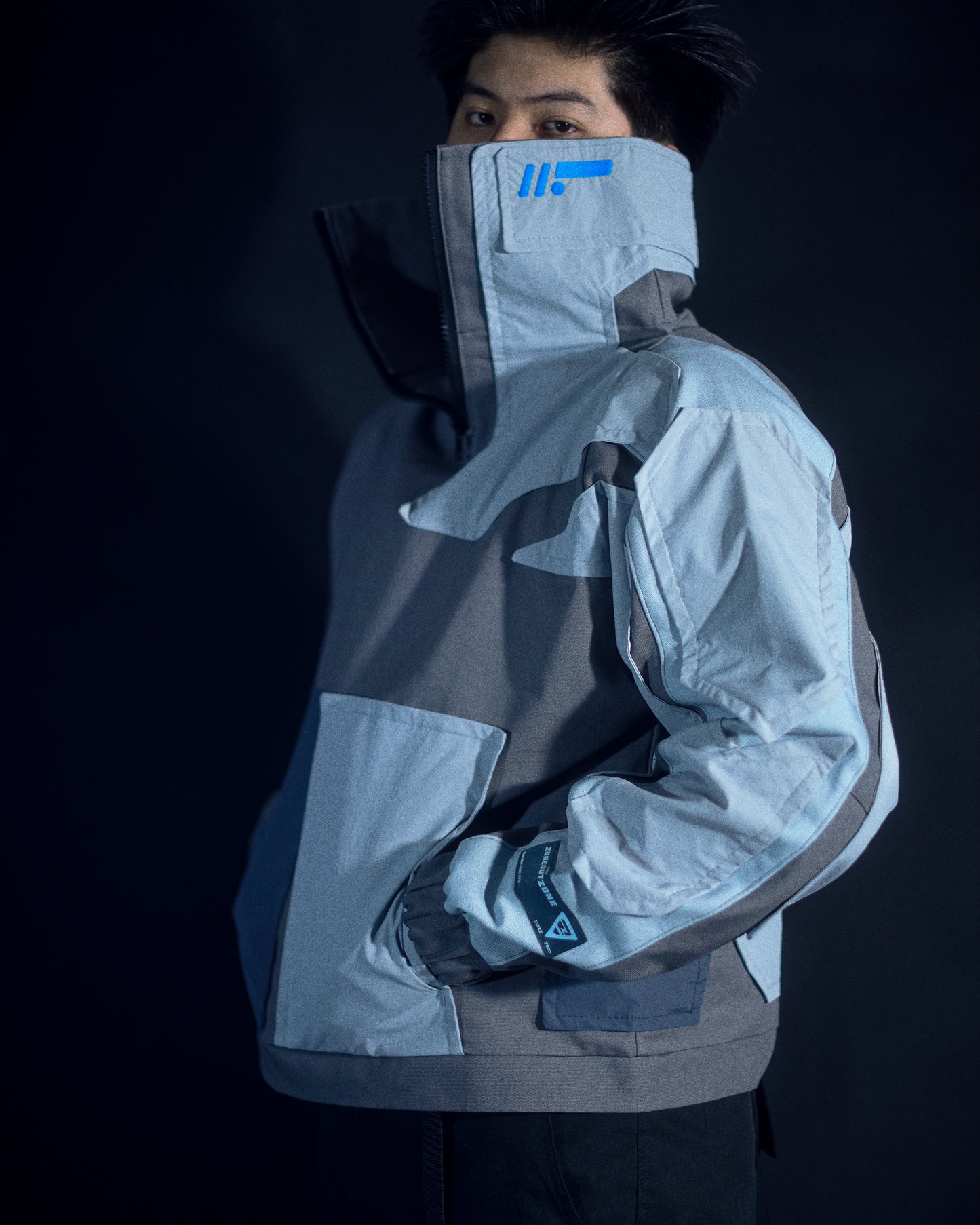 grey cyborg robotic men half zip jacket, front model view