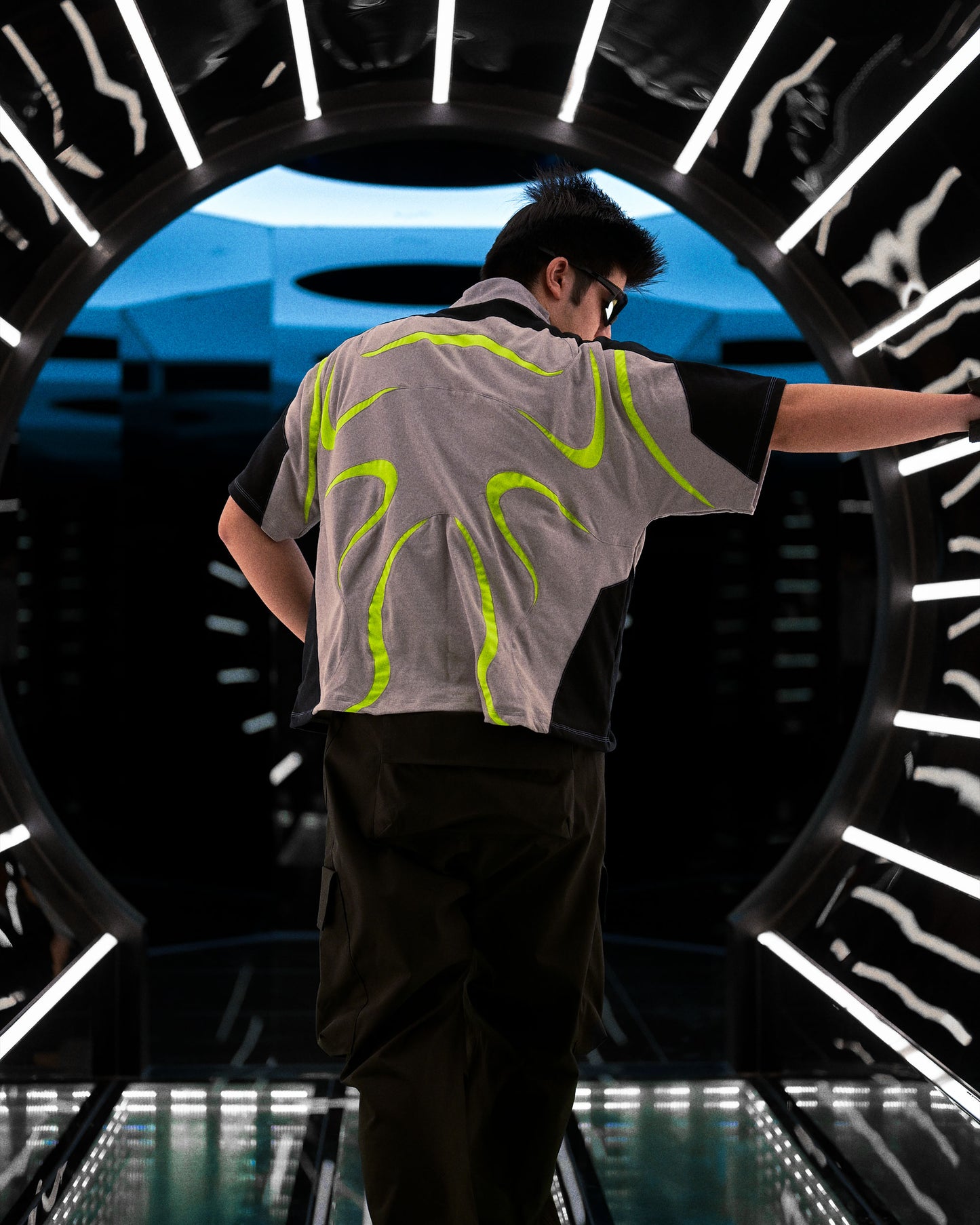 grey sci-fi clothing techwear shirt, back model view