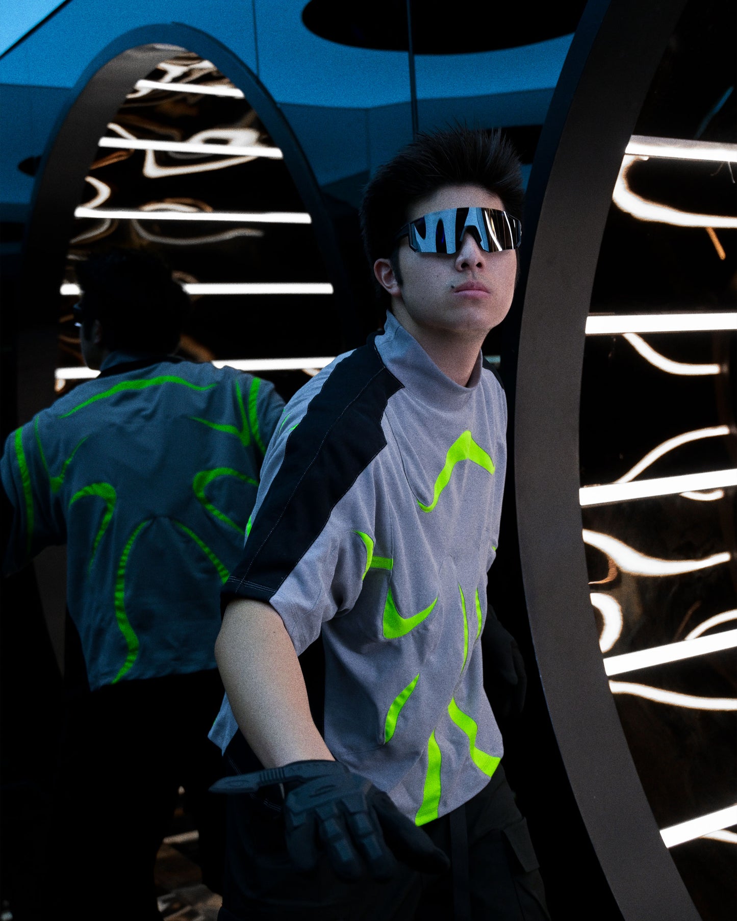grey sci-fi clothing techwear shirt, front facing up view