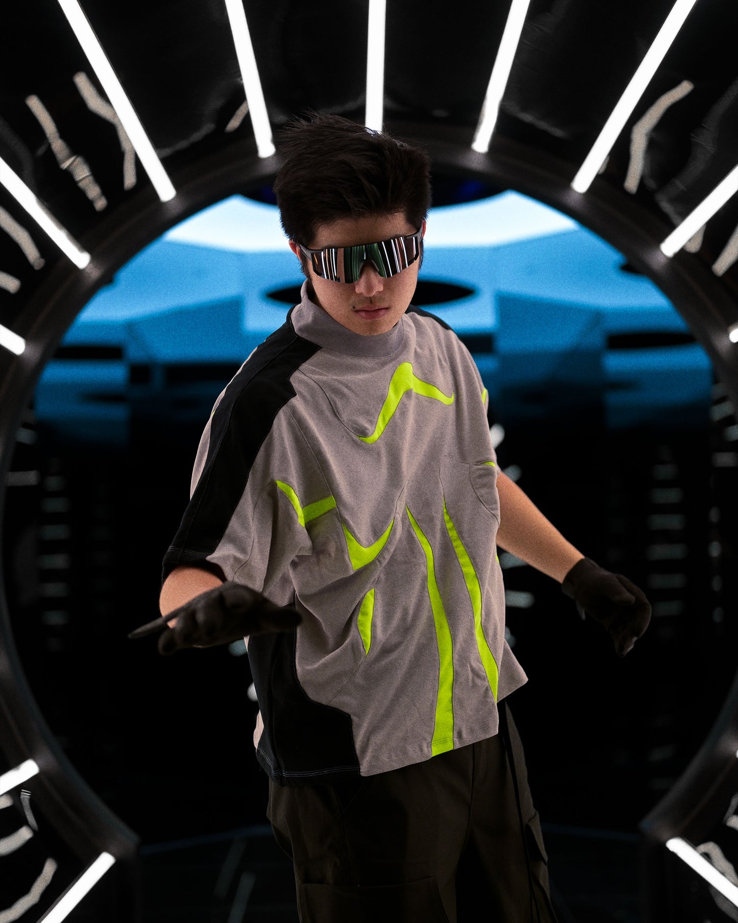 grey sci-fi clothing techwear shirt, front model view
