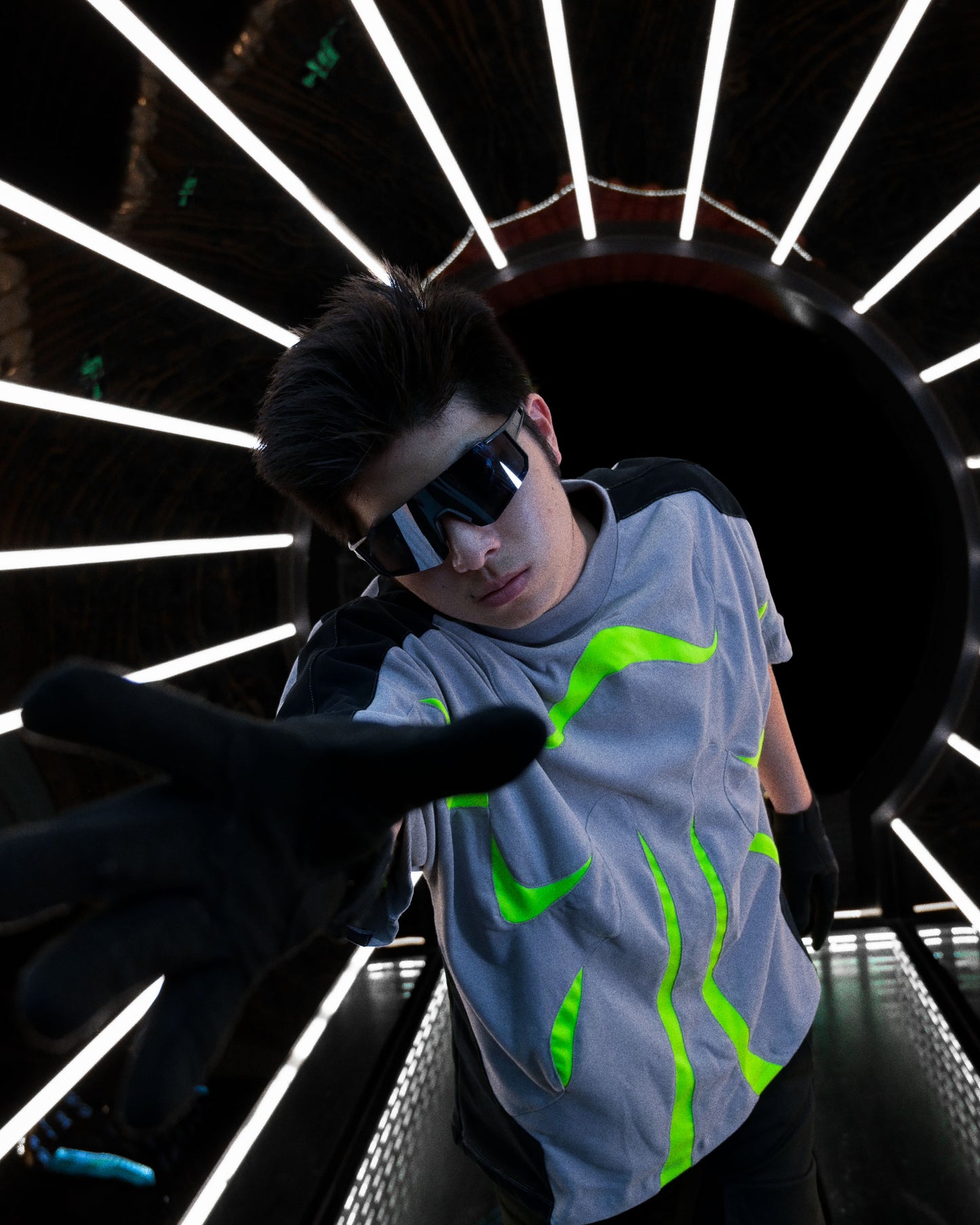 grey sci-fi clothing techwear shirt, model view