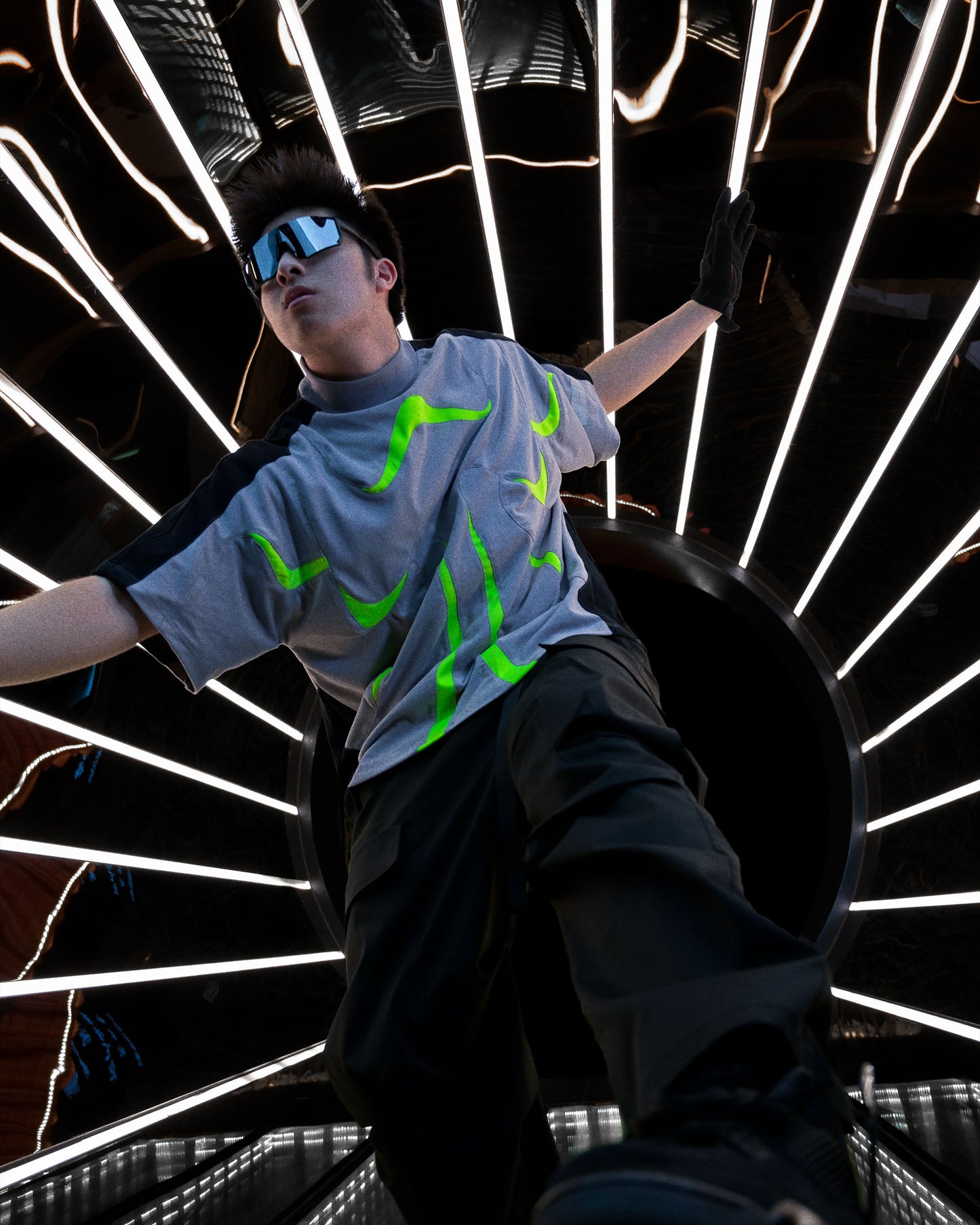 grey sci-fi clothing techwear shirt, model standing view