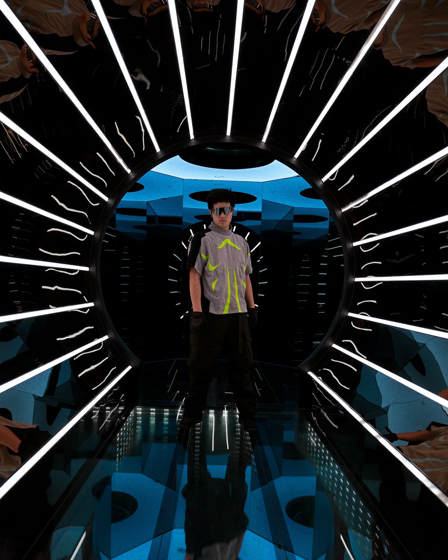 grey sci-fi clothing techwear shirt, front standing model view