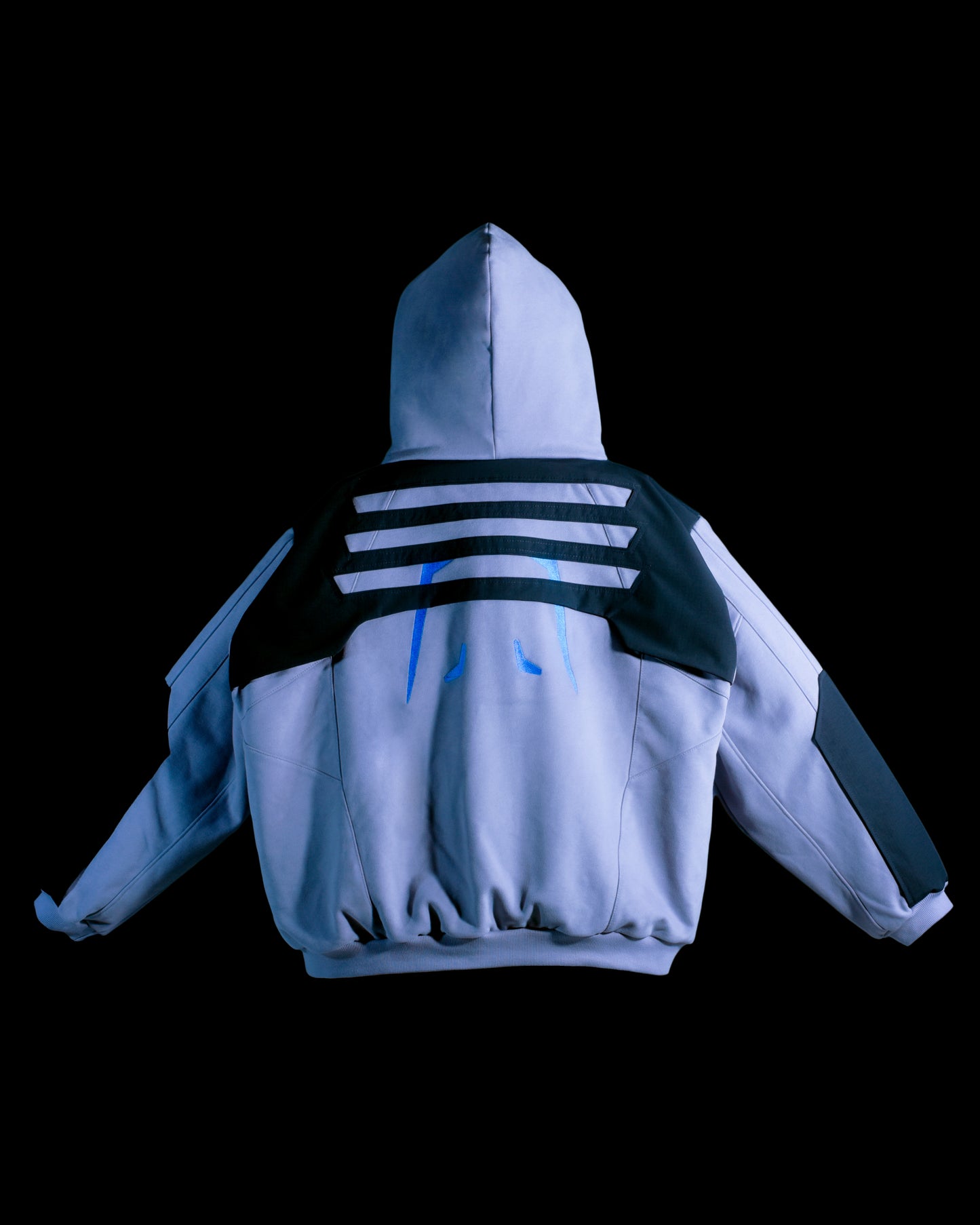 Grey hoodie with tech wear details, back view